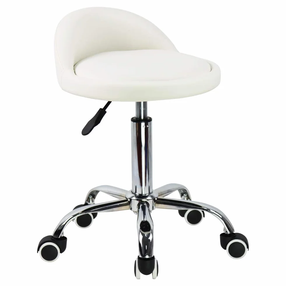 Taburete con Ruedas de Piel Sintética con Respaldo Ajustable en Altura y Giratorio, Silla de Trabajo (Blanco)
