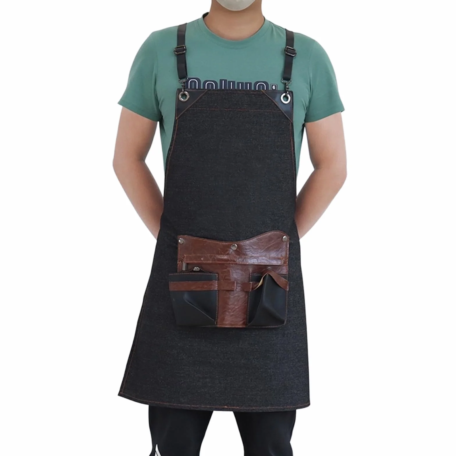 Delantal para Peluquería Delantales De Trabajo Ajustables Delantal De Mezclilla para Hombre, Mujer con Bolsillos Black,One Size