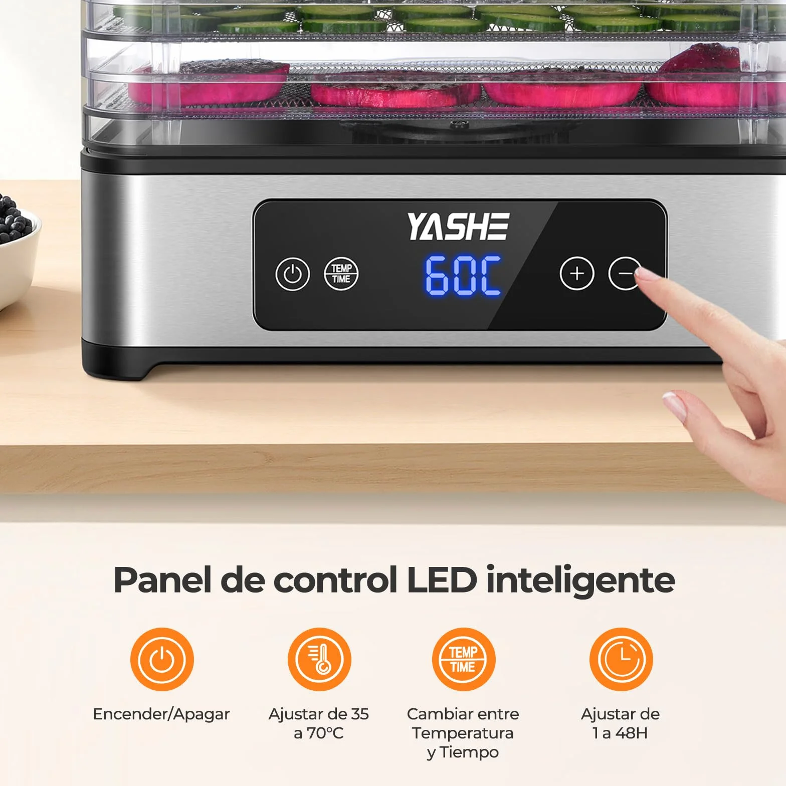 YASHE Deshidratador de Alimentos 5 Bandejas Acero Inoxidable 400W Flujo de Aire 360° Sin BPA