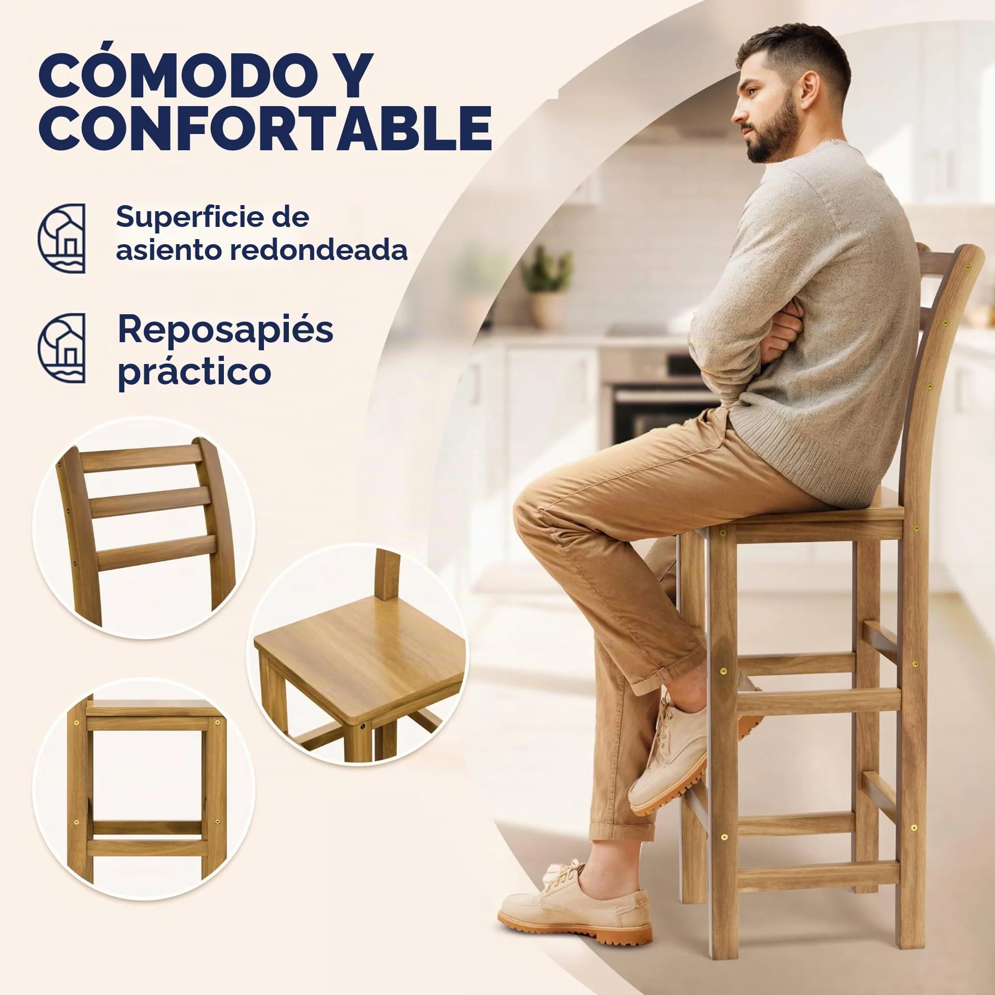 CASARIA® 2X Taburetes de Bar Altos con Respaldo Altura de Asiento 75cm Madera de Acacia Sillas de Cocina
