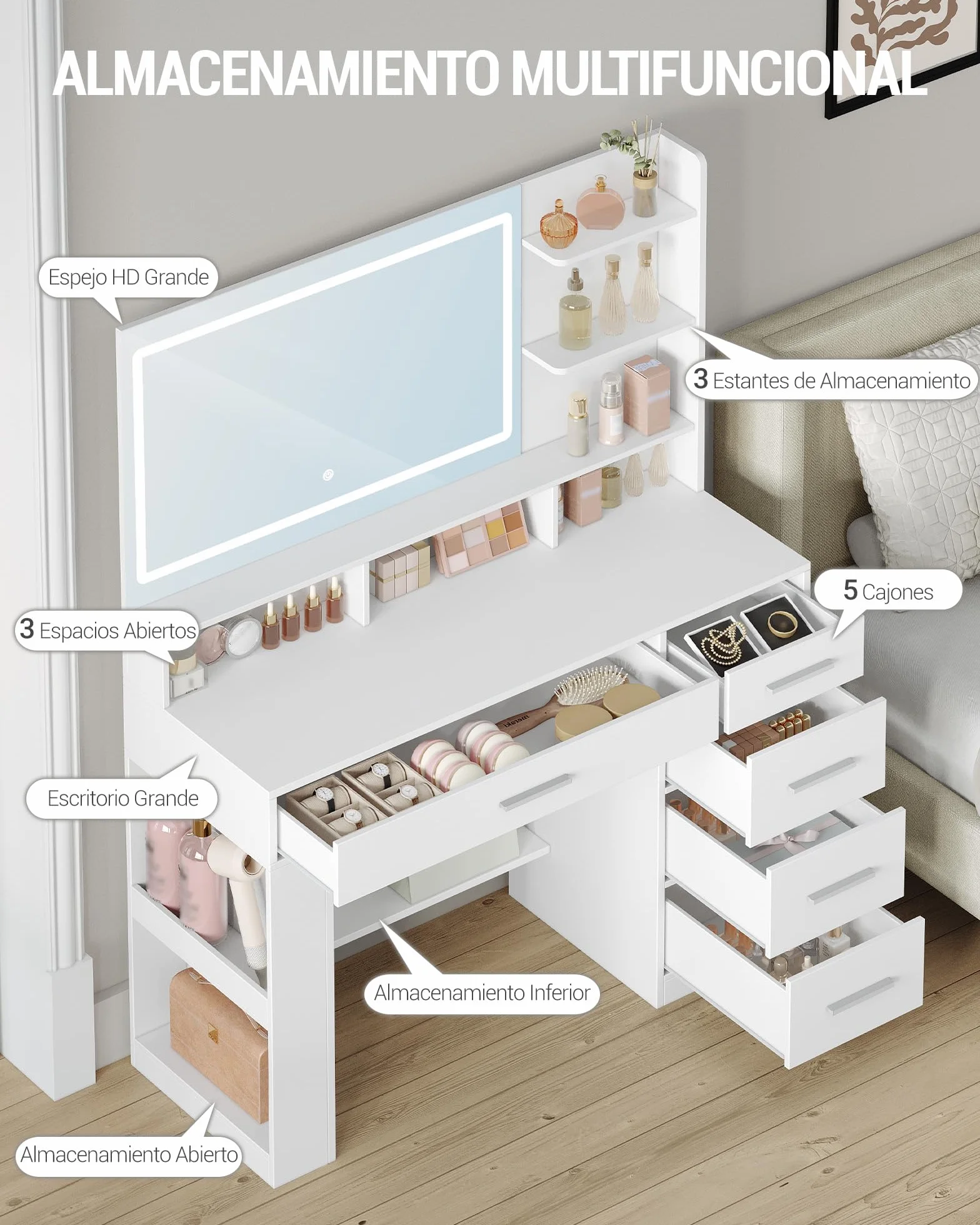 Hzuaneri Tocador con Espejo HD Grande, tocador de Maquillaje con luz LED, 6 Compartimentos Abiertos, 5 cajones y Espacio de Almacenamiento Lateral, 40 x 108 x 138 cm, Blanco DT44003XEU