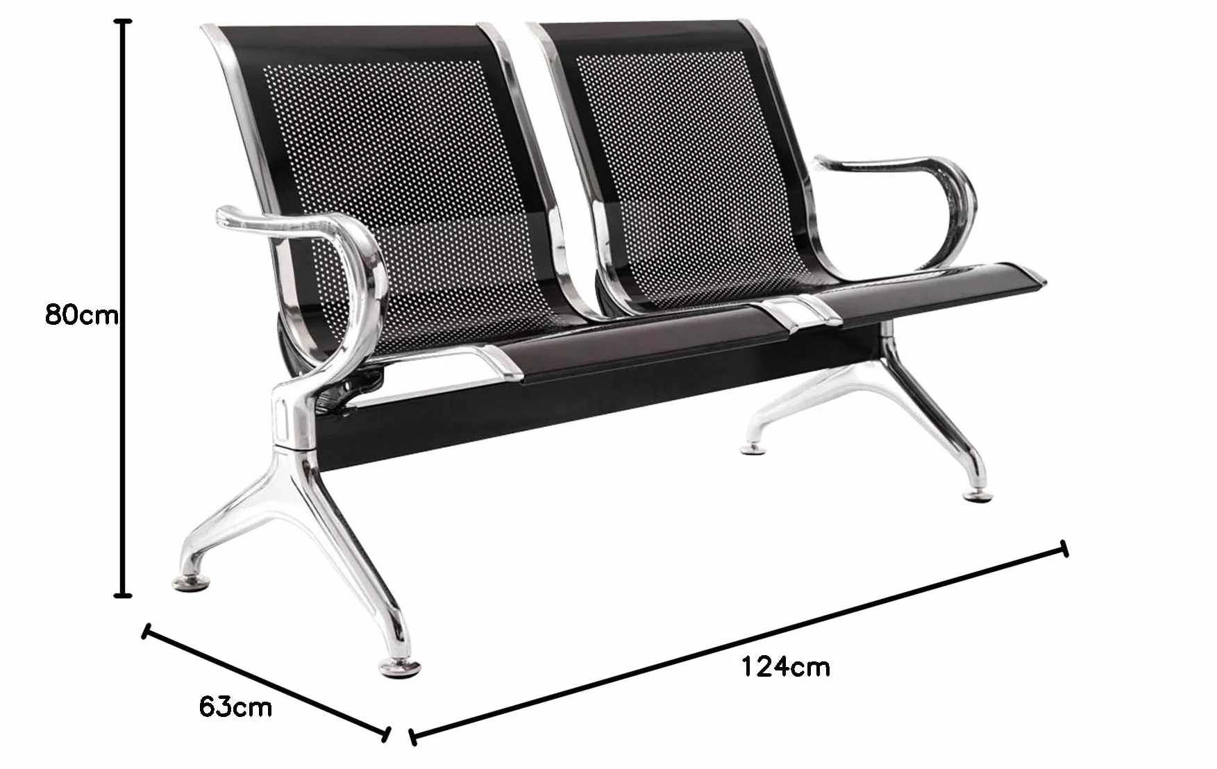 CLP Banco de Espera Aeroporto con Estructura metálica en Cromo, robustos Asientos con Respaldo y reposabrazos, Color:Negro, Tamaño:2 plazas