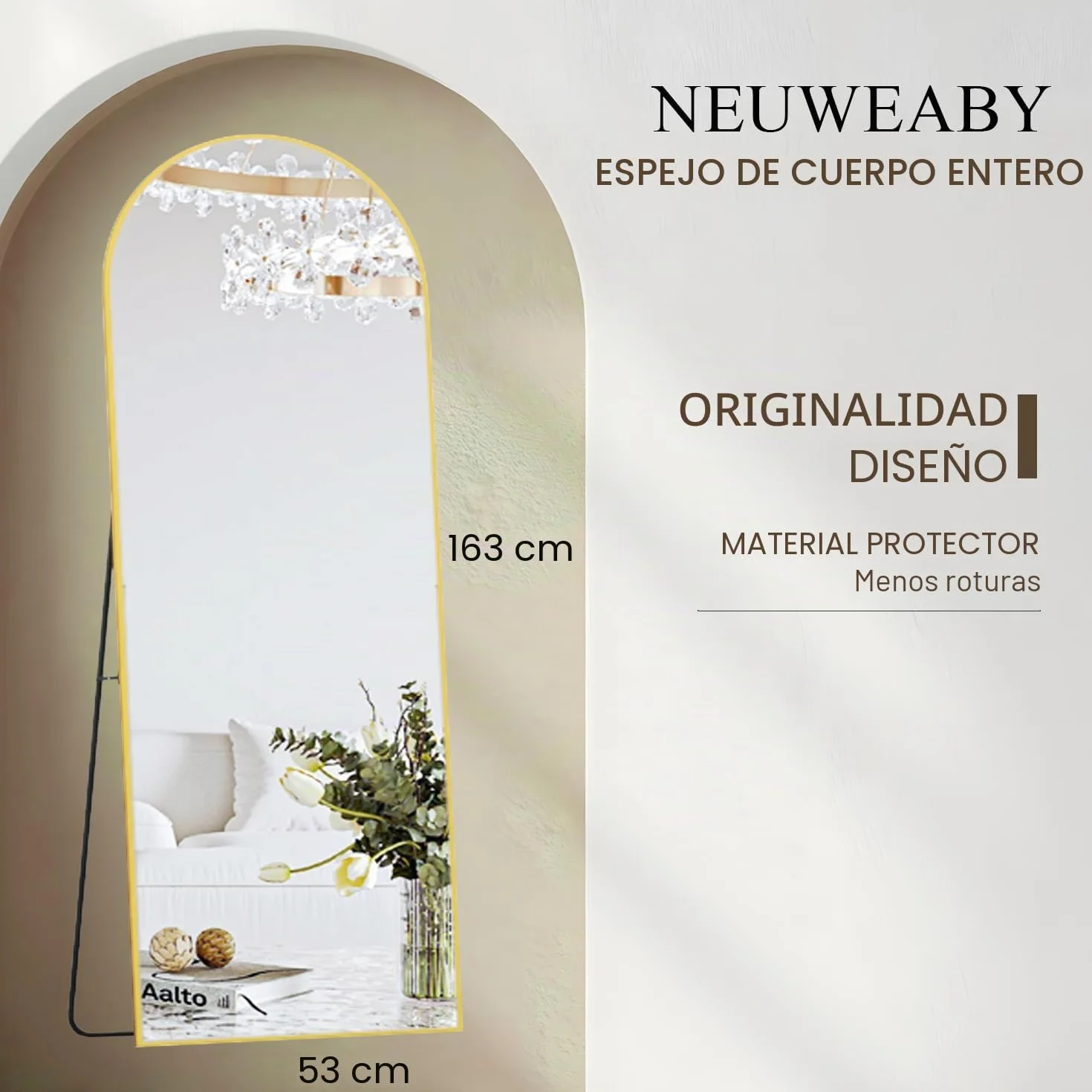 Espejo de Cuerpo Entero Arco 162 x 53 cm Dorado Arqueado, Espejo de pie con Soporte para Dormitorio Sala de Estar