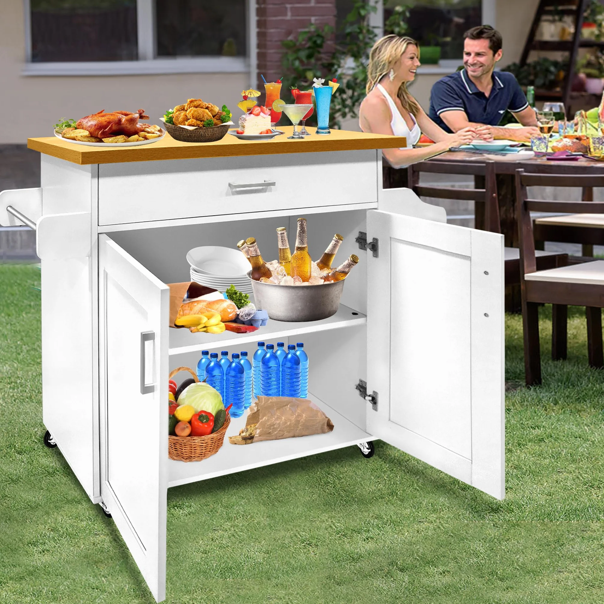 FIVMEN Carrito de cocina blanco con ruedas y encimera, carrito de cocina, isla de cocina de madera, con toallero y tabla de especias, mueble de cocina, 115 x 90 x 36 cm