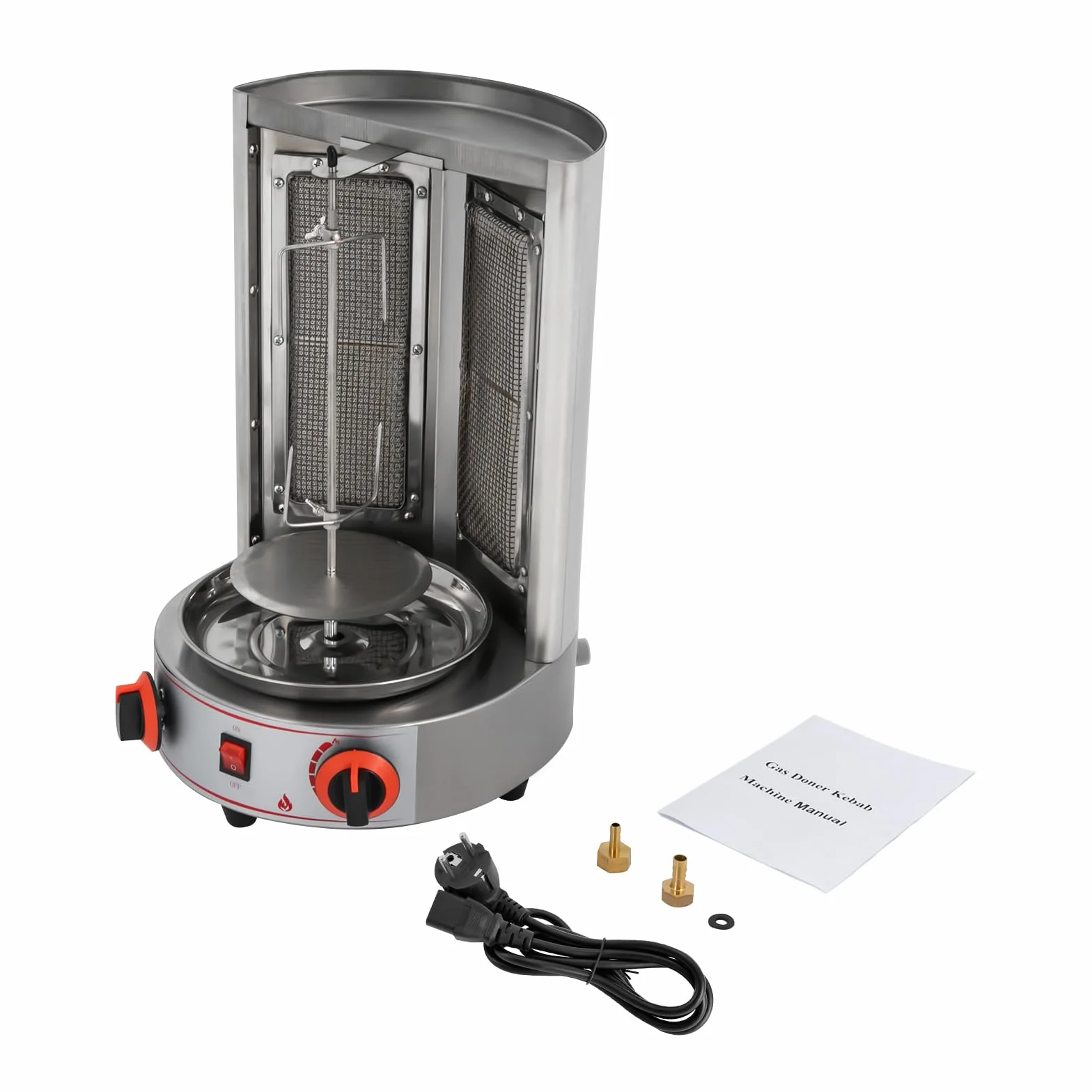 Shawarma asador vertical 360° acero inoxidable con dos interruptores térmicos ajustables