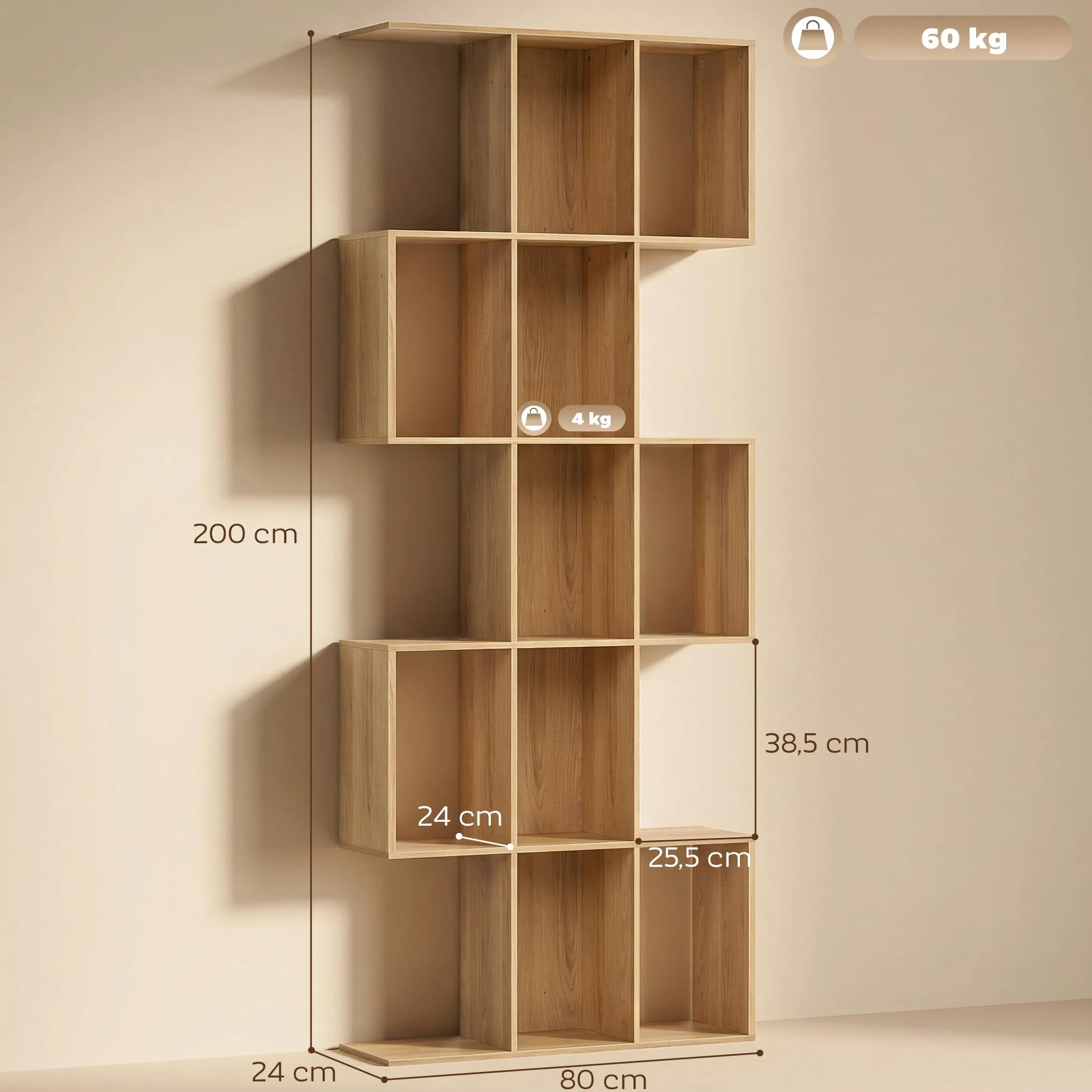 HOMCOM Estantería de 5 Niveles, Biblioteca Estrecha, Librería en Forma de S, para Salón, Dormitorio, Estudio, Oficina, 80x24x200 cm, Roble