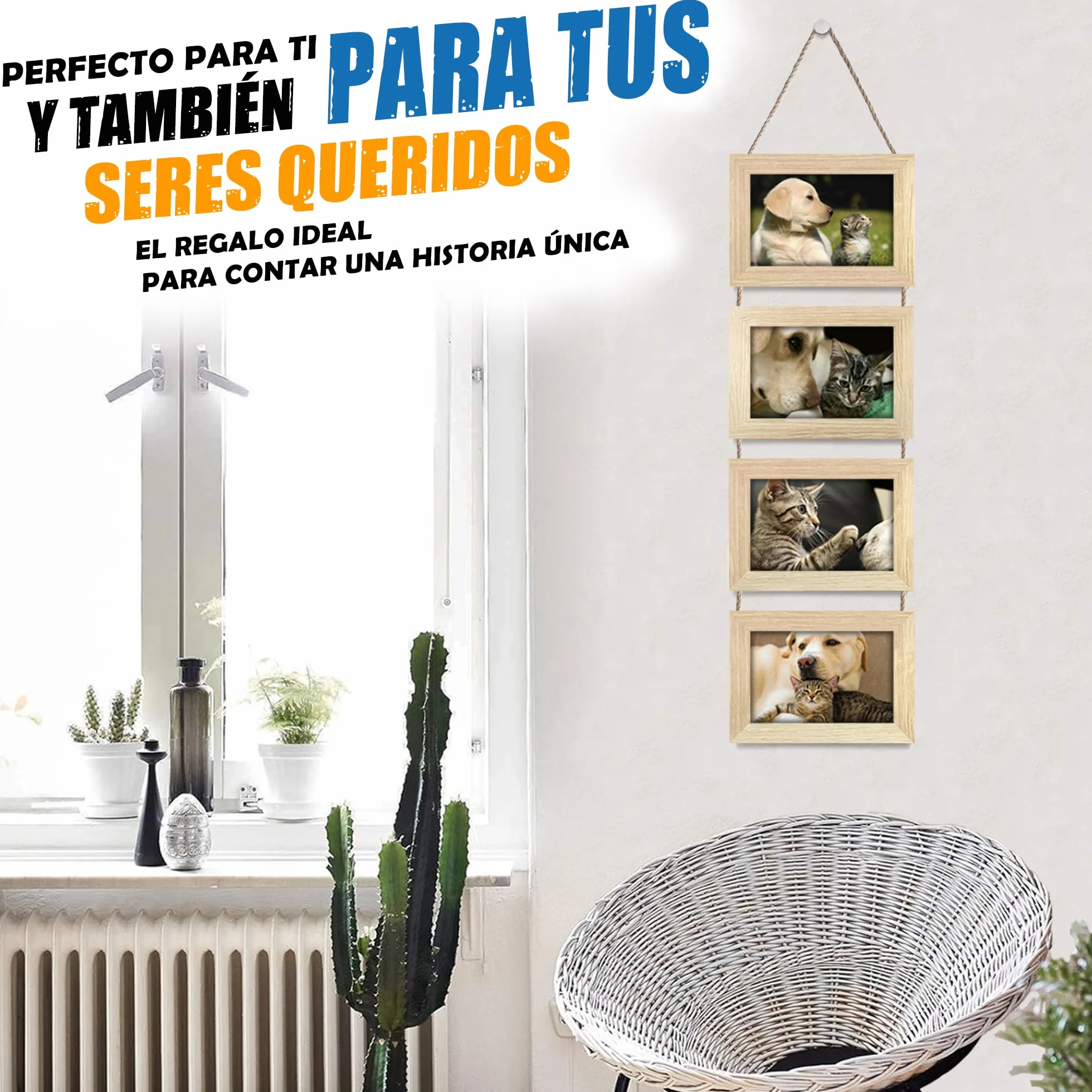 Portafotos Múltiple Decorativo Madera Cuerda Collage Colgante 4 Fotos 10x15 cm Roble Natural
