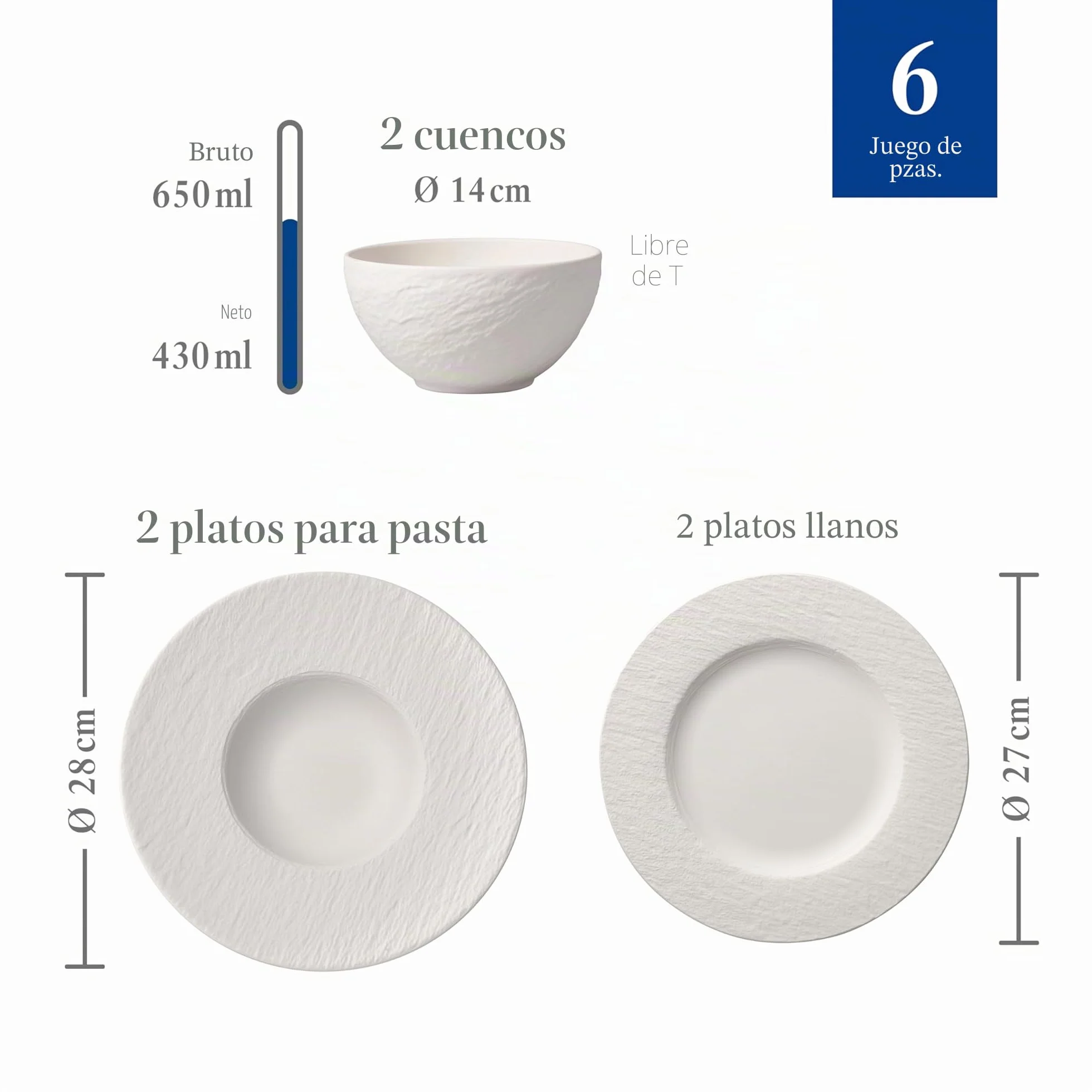 Villeroy & Boch - Manufacture Set Básico 6 Piezas Blanco, Apto para Lavavajillas, Apto para Microondas, Platos, Cuencos, Vajilla Negra, Porcelana Premium