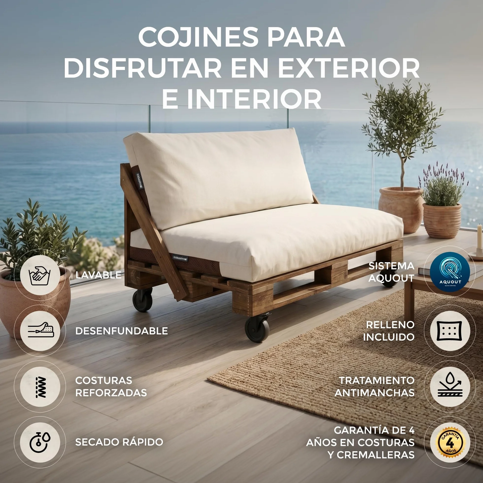 HAPPERS Cojines para Palets 80x80x20cm Gris Naylim Mate Relleno Foam-EPS-Plus Antimanchas Transpirables Desenfundables Lavables AquOut