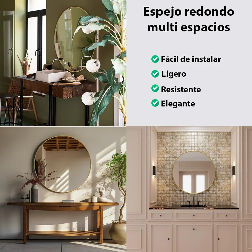 Marctani Espejo Redondo con Marco de Metal Decorativo Pared Elegante Moderno Baño Salon Recibidor Dorado 80 cm