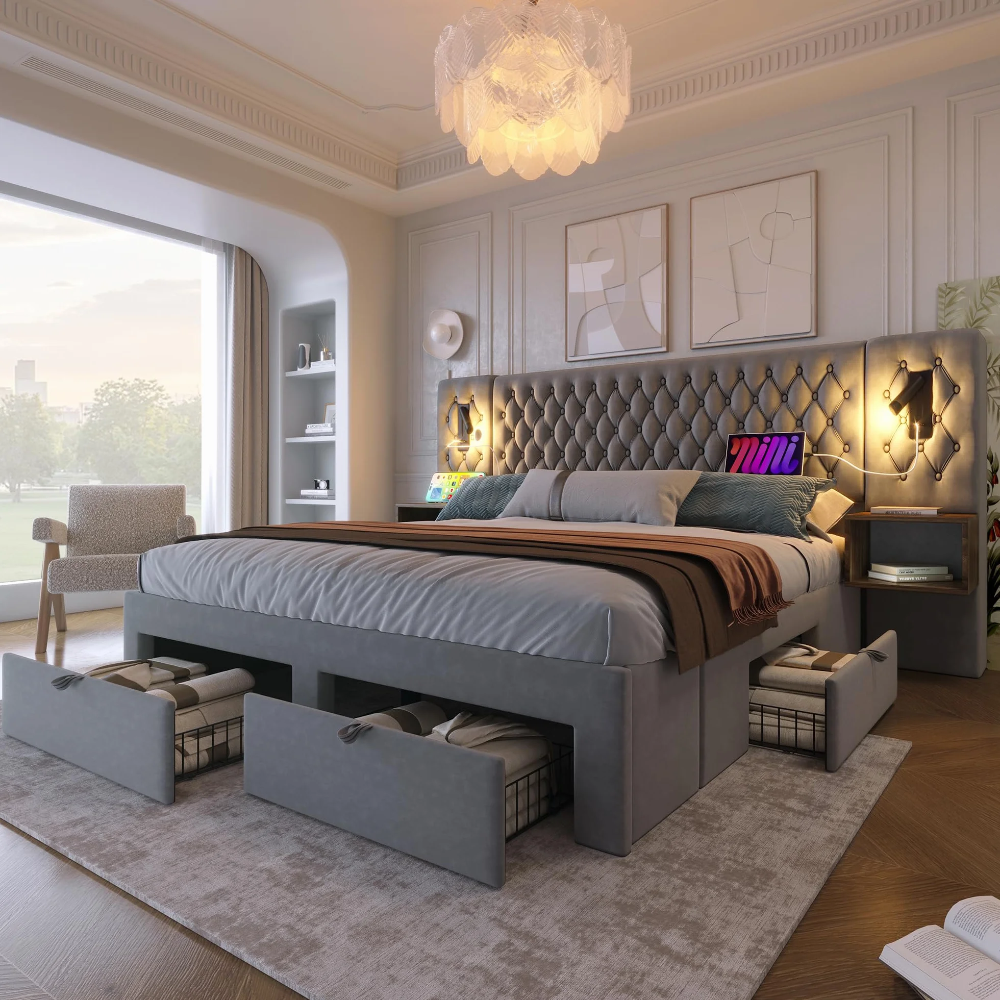 Set completo para dormitorio, cama tapizada matrimonial 180×200 cm con 2 mesitas de noche y 4 cajones, cabecero con luz de lectura y función de carga USB, en terciopelo, sin colchón