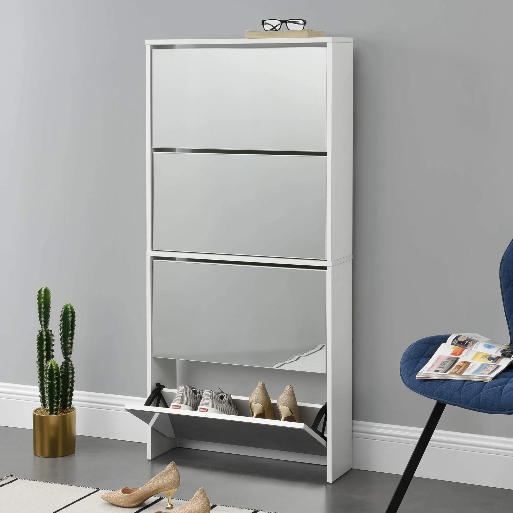 [en.casa] Zapatero con Espejo 134 x 63 x 17cm con 4 Compartimentos de Almacenamiento Mueble Zapatero Organizador de Zapatos Blanco