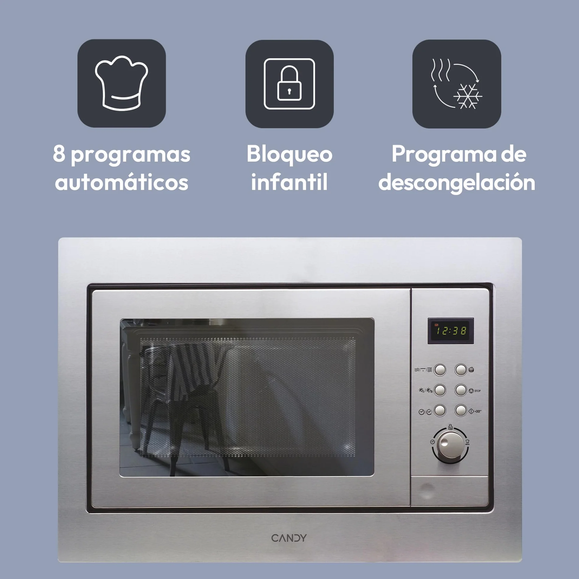 Candy MIC201EX, Microondas integrable con grill, 20L, Digital, Con marco, 8 programas automáticos, Plato giratorio 24,5cm, Descongelación tiempo y peso, 800W/1000W, Acero inoxidable antihuellas