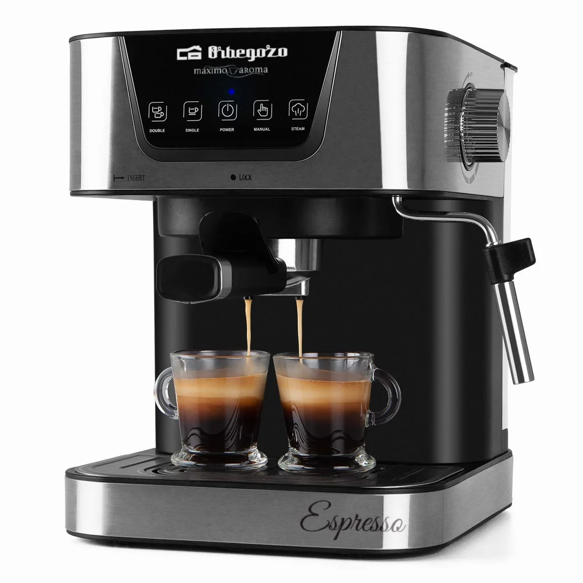 Orbegozo EX 6000, Cafetera express, 1050 W, depósito de agua extraíble 1,5 litros, 20 bar, panel control táctil, modos programados, café molido/monodosis, vaporizador, frontal inox, color plata