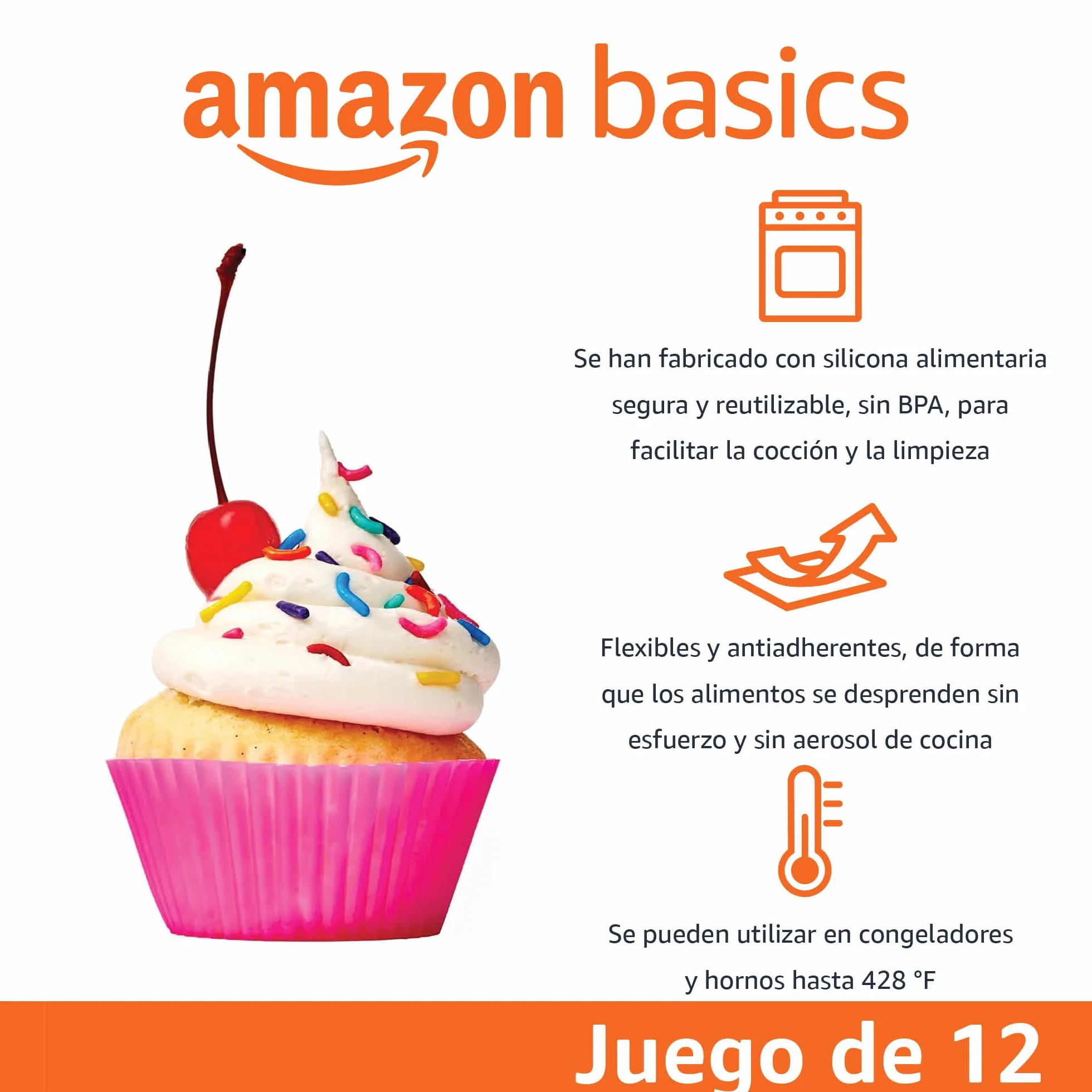 Amazon Basics Moldes Individuales de Silicona para Magdalenas, Reutilizables, Paquete de 12, Horno hasta 220°C, Multicolor