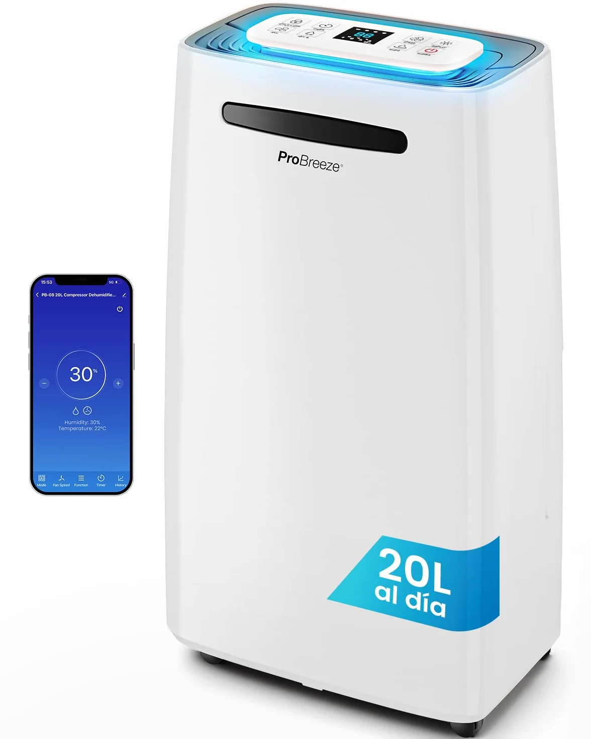 Pro Breeze deshumidificador inteligente 20L/día con Wi-Fi, sensor de humedad, modo ropa y drenaje continuo para condensación y moho en casa
