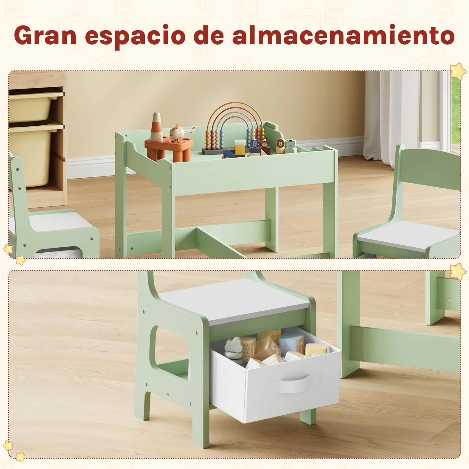 Mesa Infantil con 2 Sillas WOLTU, Mesa y Silla Niños con Almacenaje, Tablero Reversible, Madera, Verde + Blanco