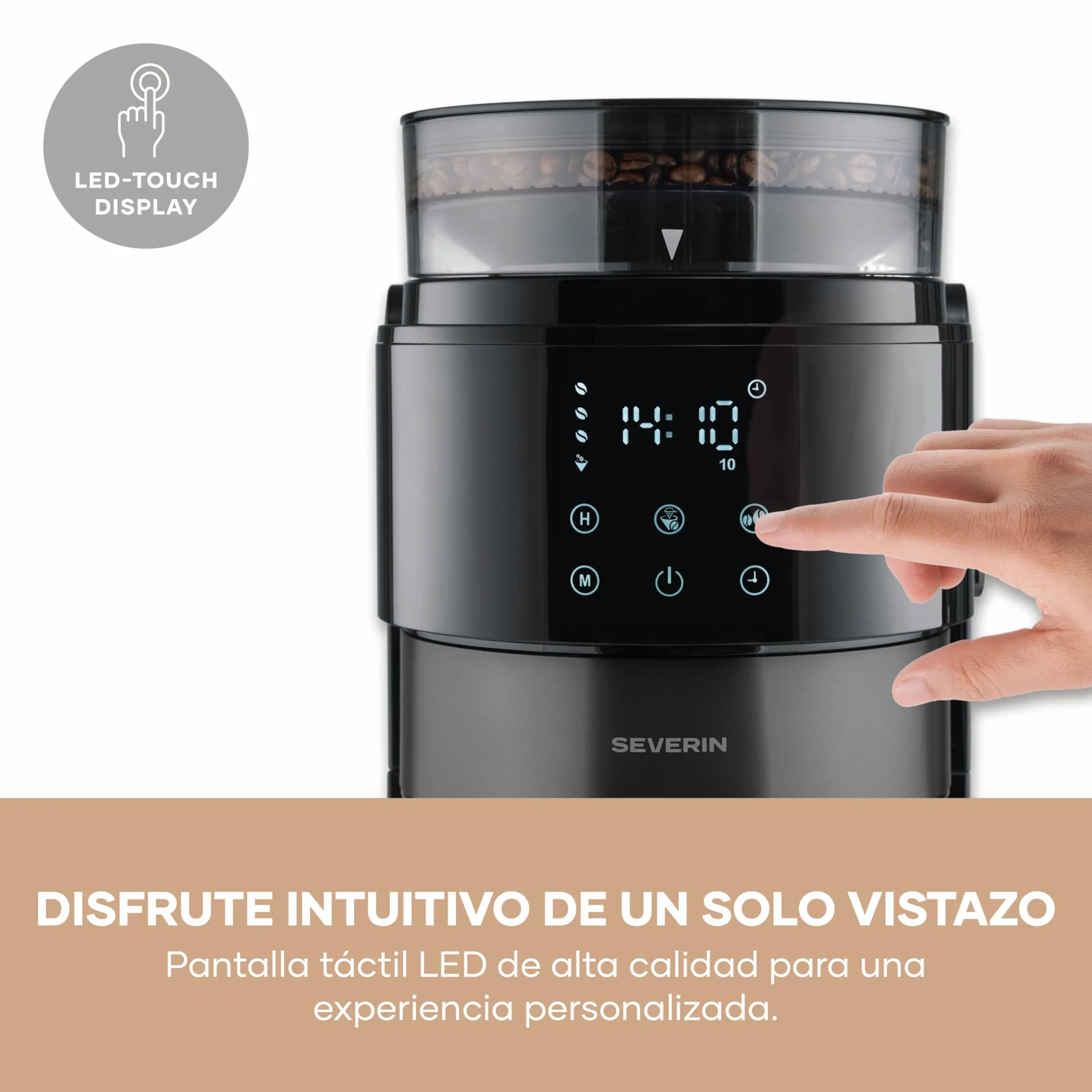 Severin de goteo con jarra térmica y molinillo, 1L de capacidad, hasta 8 tazas, sistema antigoteo, aroma intenso, apagado automática, pantalla LED, 900W, inox oscuro, negro, KA 4831
