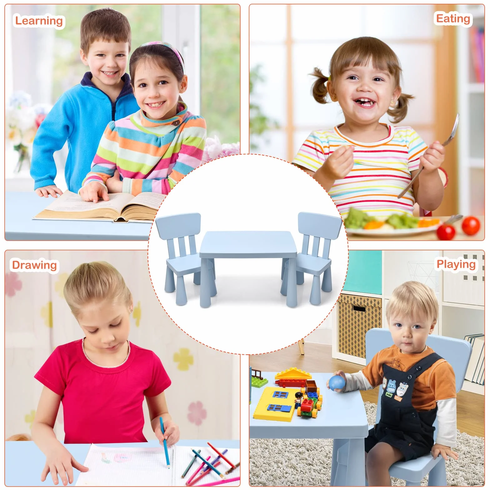 LIFEZEAL Juego de Mesa y Silla Infantil 3 Piezas, Mesa con 2 Sillas de Plástico para Niños 1-7 Años (Azul)