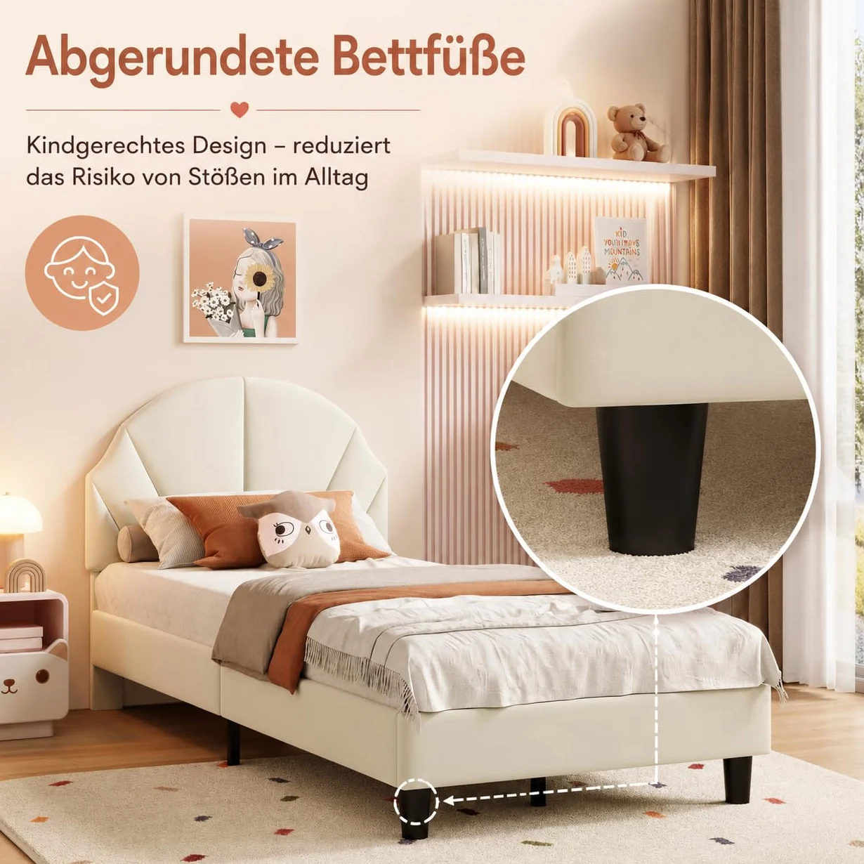 Cama infantil acolchada 90 x 200 cm, cama individual con somier y cabecero ajustable, cama juvenil, cama tapizada para niñas y niños, sin colchón, terciopelo, beige