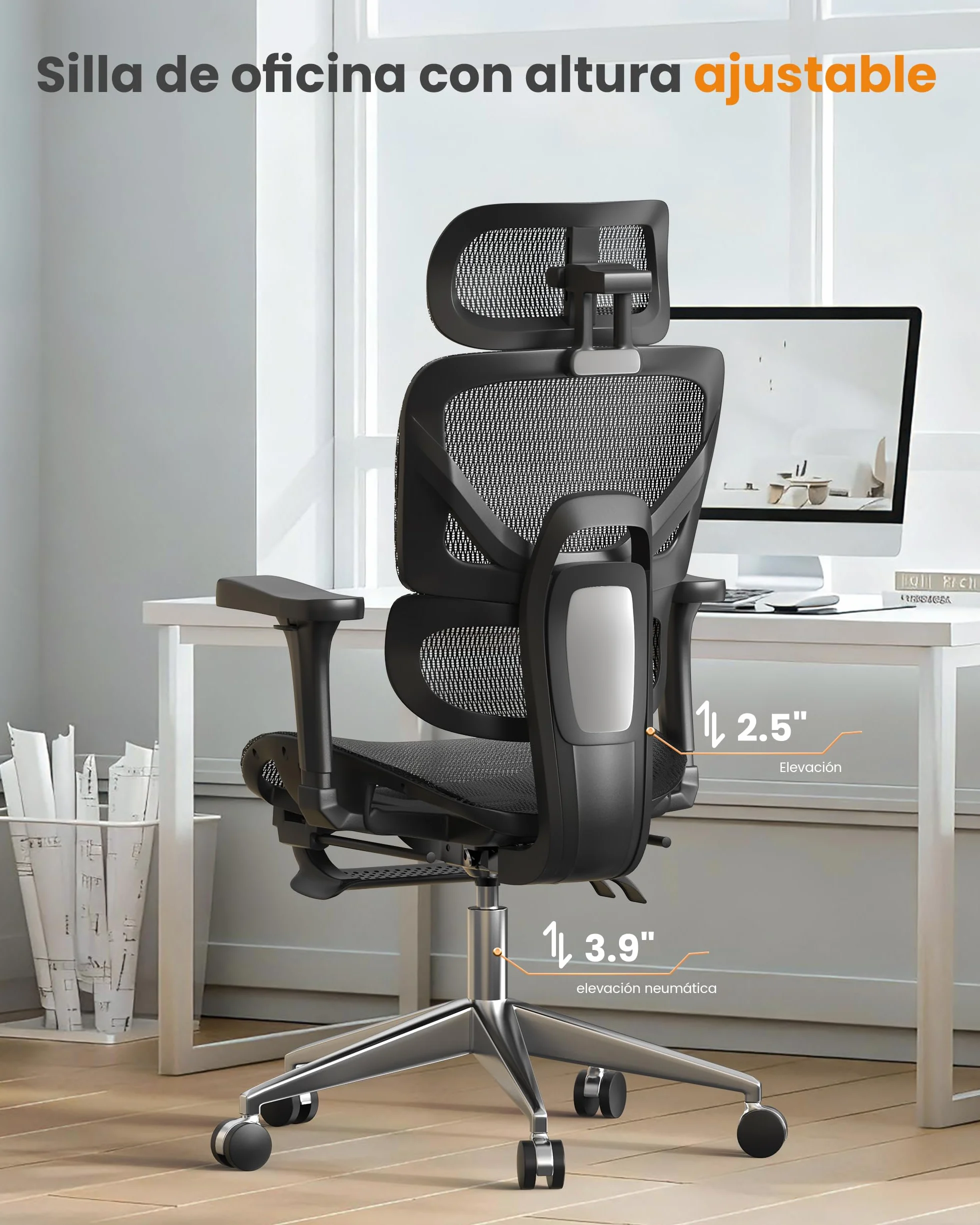 Silla Escritorio Ergonómica con Respaldo Alto de Malla Transpirable, Carga 160 kg, Reposabrazos 3D y Reposacabezas Ajustables