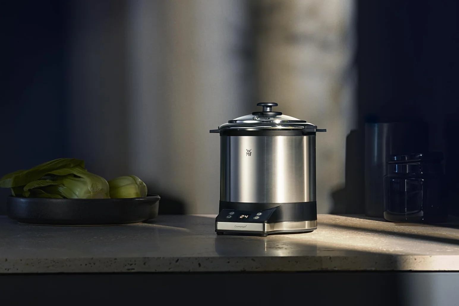 WMF Kitchenminis Arrocera 220W 1L acero inoxidable cromargan mate tapa recipiente base dual mantenimiento calor taza cuchara medidora