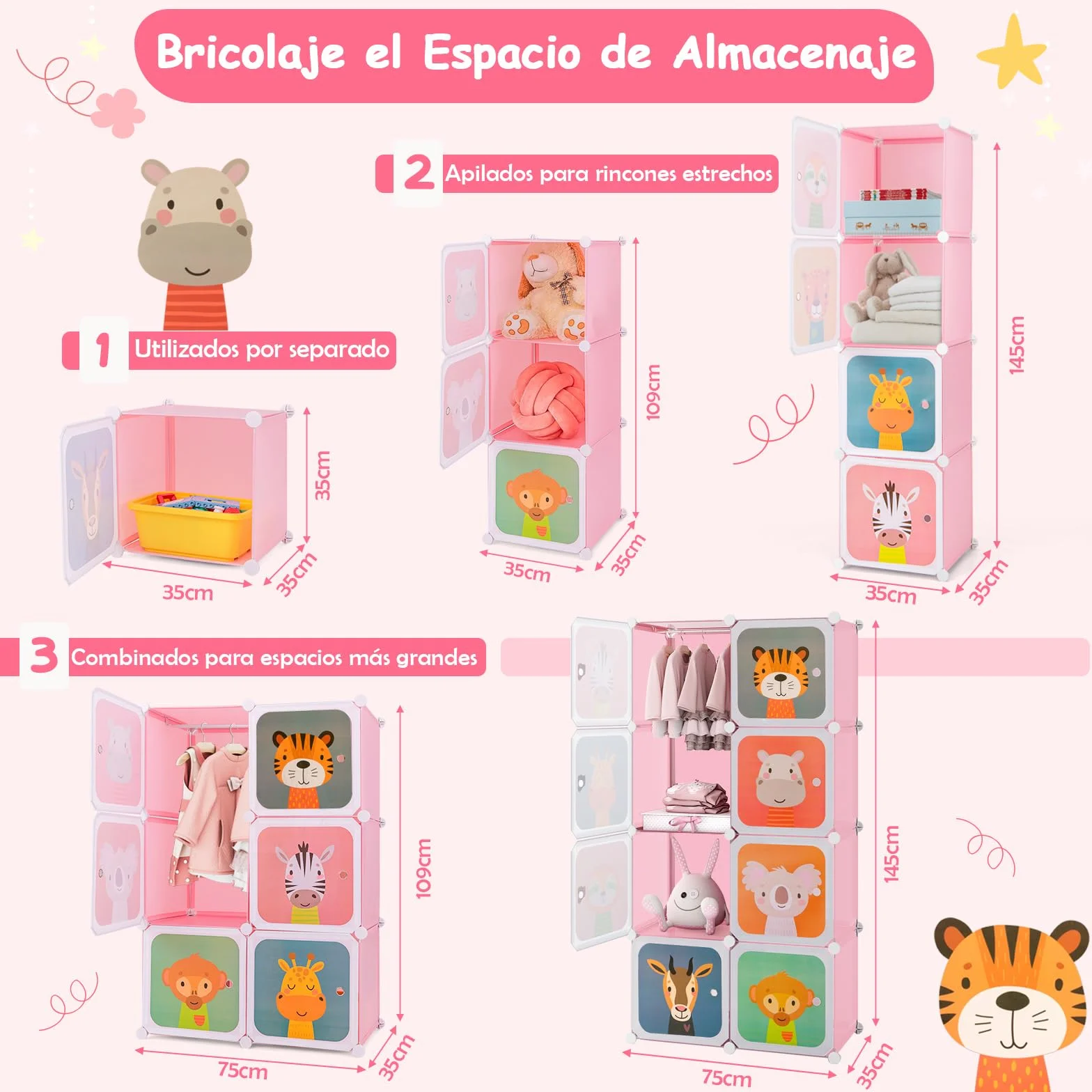 COSTWAY Armario Modular Infantil 8 Cubos Estantería Organizador Almacenamiento Juguetes 75x37x145 cm Rosa