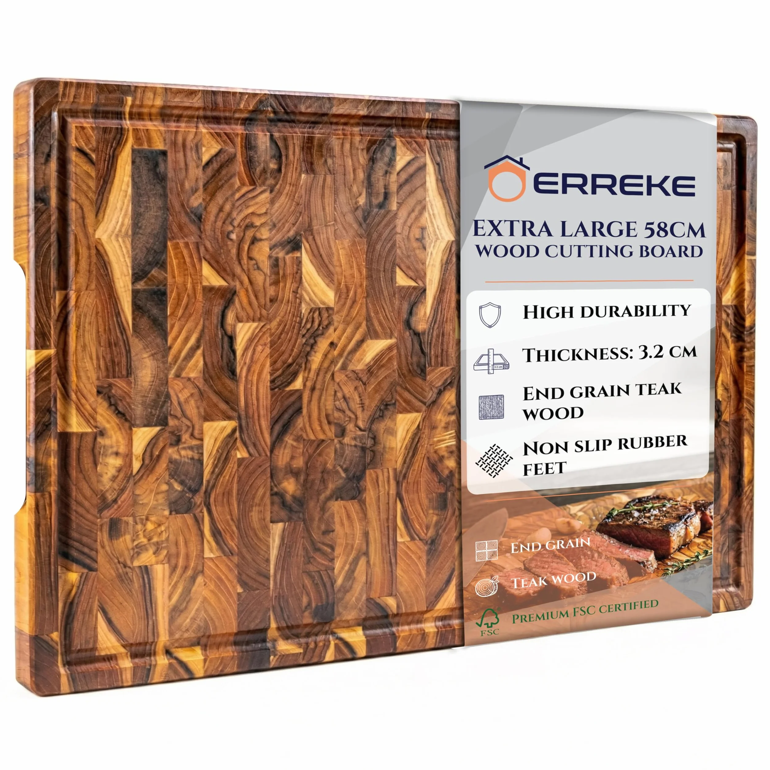 Erreke Tabla de Madera de Teca End Grain, 58x38x3.2 cm, Extra Grande | con Ranura para Jugos. Patas Antideslizantes y Asas Integradas. Tabla Madera Cocina. Para Quesos Embutidos Carne Pan