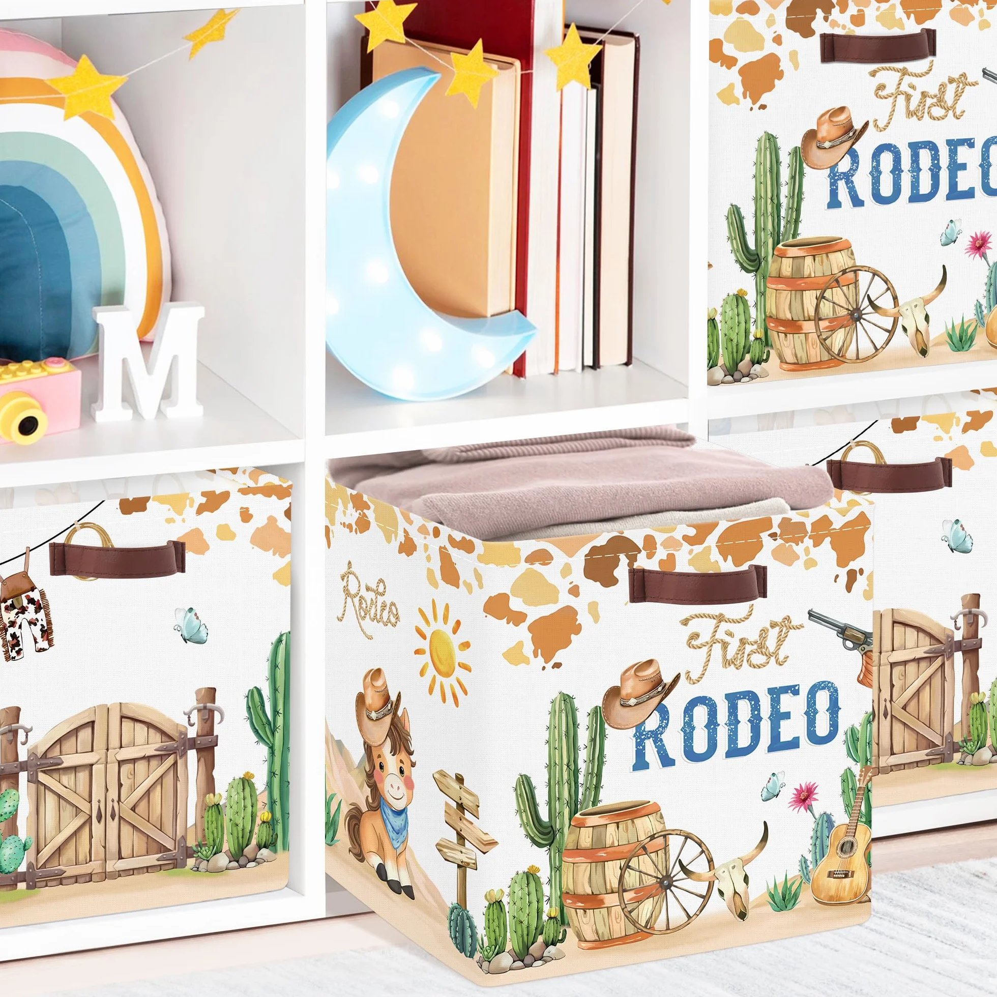 Clastyle Juego de 3 Cubos de Almacenamiento Vaqueros Retro Caja Organizadoras de Almacenaje Juguetes Libro para Infantil Cubo de Almacenaje Armario para Ropa Niño, Caballos, 30x30x30 cm