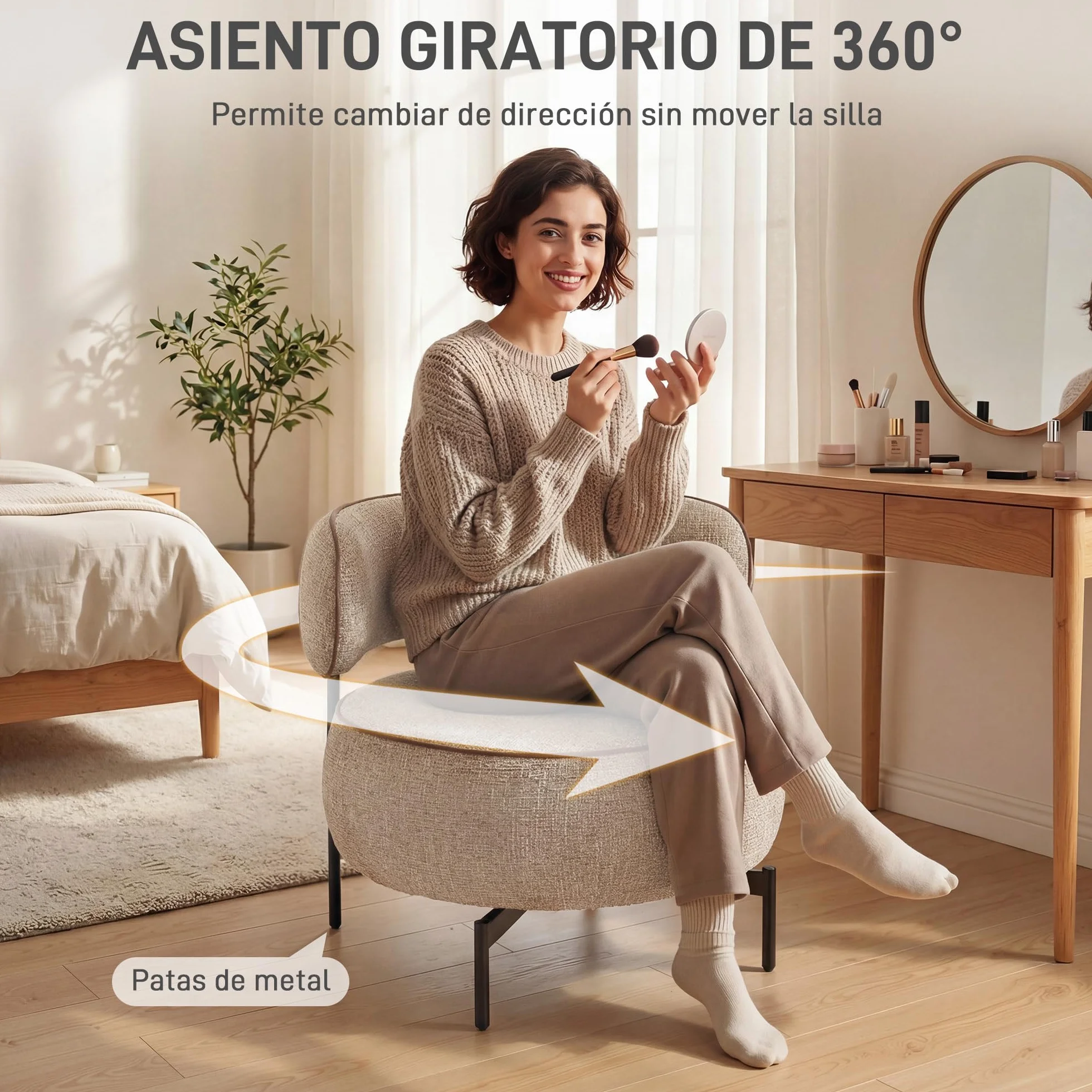 HOMCOM Butaca de Salón con Asiento Giratorio, Sillón de Salón, Tapizado en Lino, con Asiento Amplio, Acolchado Grueso, Patas de Metal para Dormitorio, Lectura, Beige