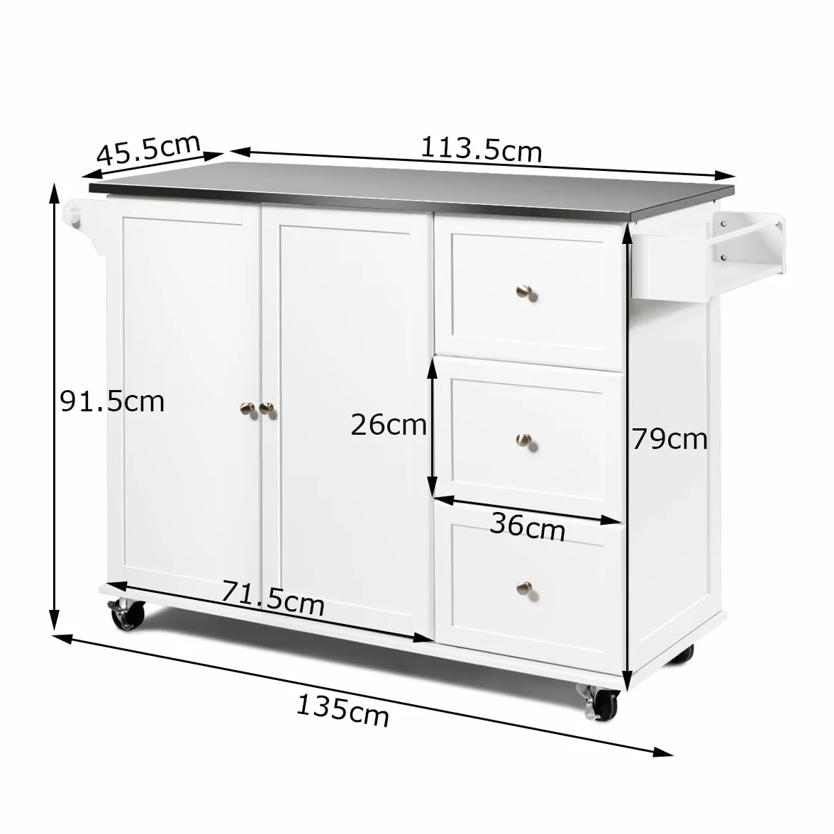 GIANTEX Carro de Cocina con 2 Puertas y 3 Cajones, Isla de Cocina con Ruedas y Tablero de Acero Inoxidable, Asa Lateral y Especiero, 135x45,5x91,5 cm, Mueble Auxiliar para Comedor (Blanco)