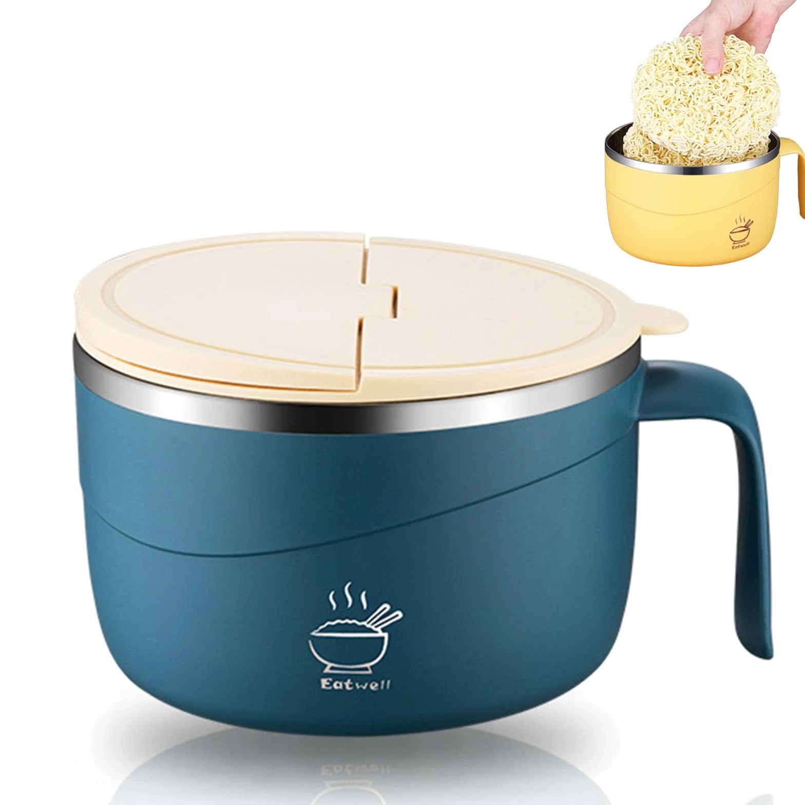 304 Stainless Steel 1200ML Insulated Soup Bowl with Lid Spoon Double Layer Anti-Scald Ramen Bowl Large Capacity Handle Blue
