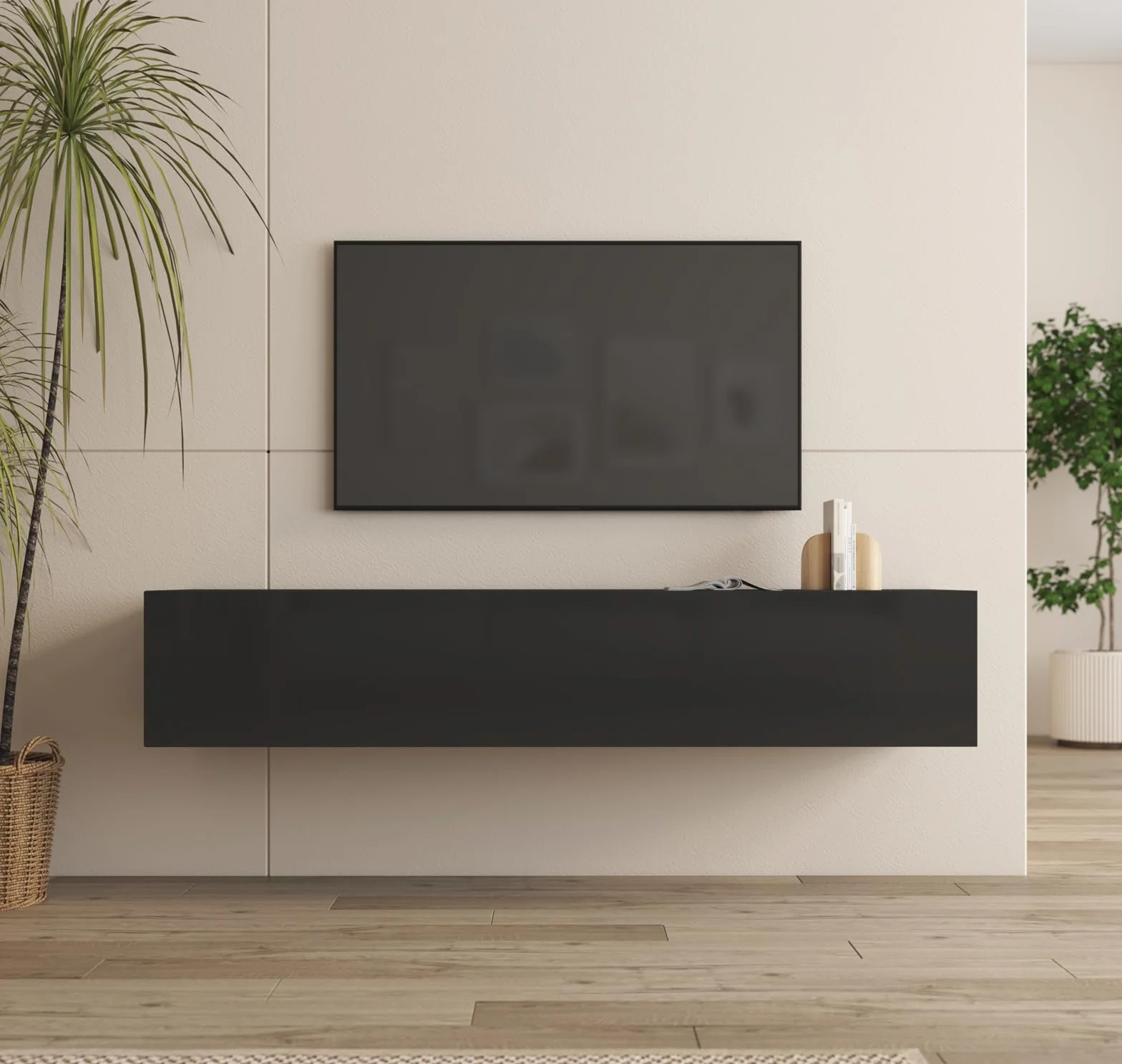 MB Muebles Bonitos, Mueble TV Colgante Nora H2 para Salón Moderno, 1 Puerta 3 Compartimentos, Color Negro, 160x30x40 cm