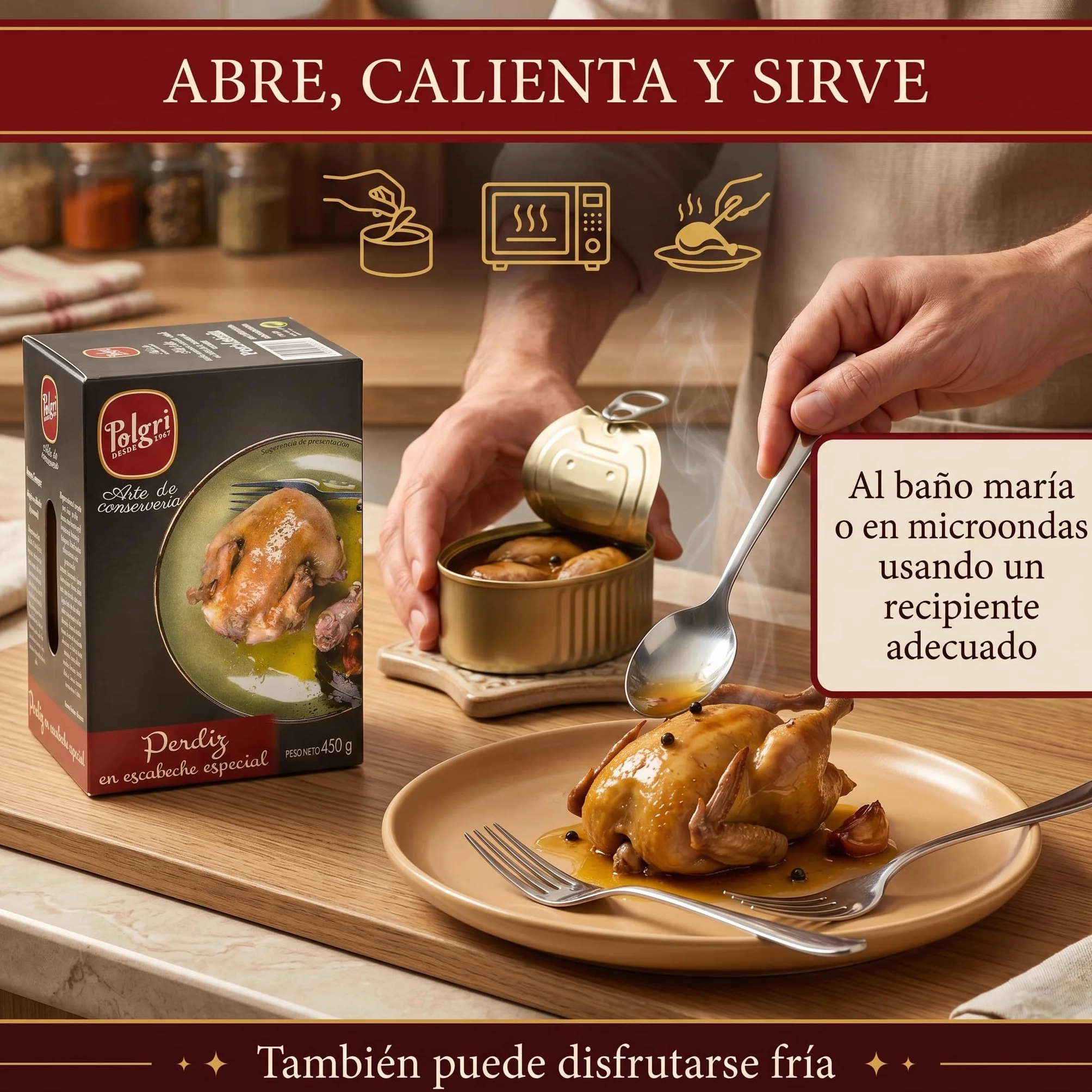 POLGRI Perdiz en Escabeche Conserva de Caza 450 g Lata Estuchada Plato Preparado Receta Manchega