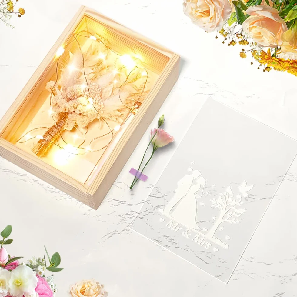 Caja Regalo Boda Madera con Flores Secas y Luces
