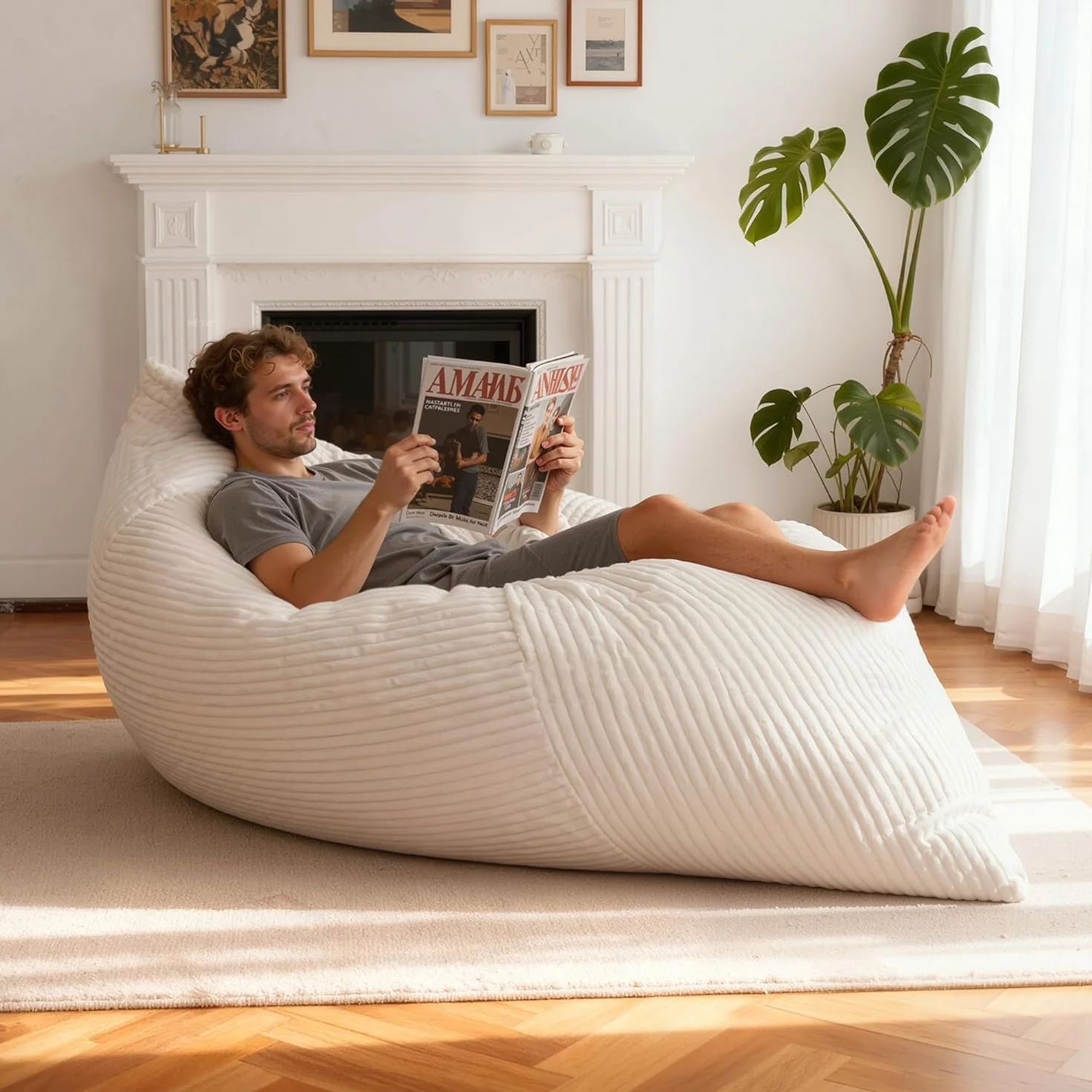 NALONE Puff Salon con Relleno Incluido de Lujo XXXL, 4-en-1 Sofa Puf Gigante Sillón De Bean Bag De 195 cm, Piso con Cubierta De Franela Y Lavable para Dormitorio Y Salón (Blanco)