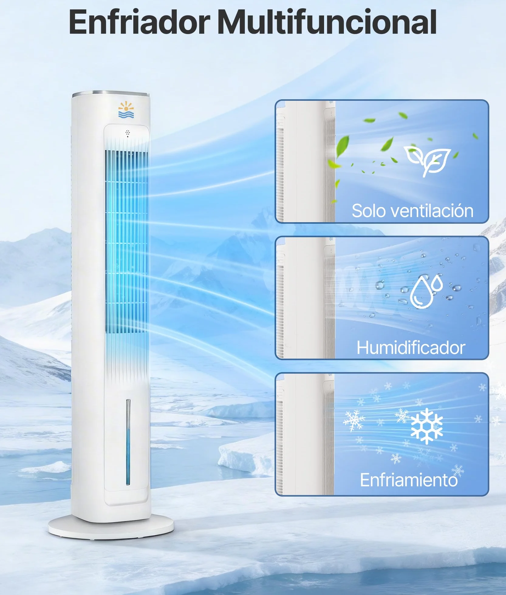 Climatizador Evaporativo Portátil- Alternativa al Aire Acondicionado Portatil Enfriador de Aire Silencioso,3 Modos, Temporizador 12H, Mando, Blanco