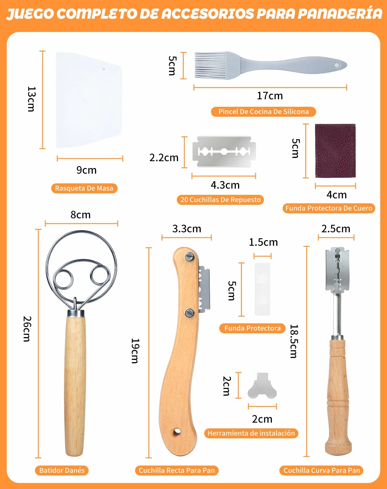 Kit Panadería 5 Piezas con Cuchilla para Pan, 2 Cuchillas Panadero Recta Curva con 20 Hojas de Repuesto, Batidor Danés, Rasqueta y Pincel, Accesorios para Masa Madre y Pan Artesanal, Acero Inoxidable