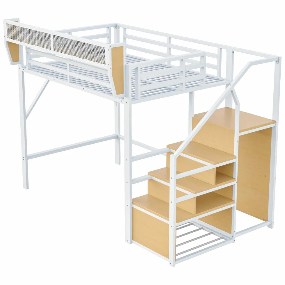 Cama alta de 140 x 200 cm con estructura de metal, cama de matrimonio de 140 x 200 cm con escalera de seguridad y compartimento contenedor flexible, cama para niños, sin colchón, color blanco