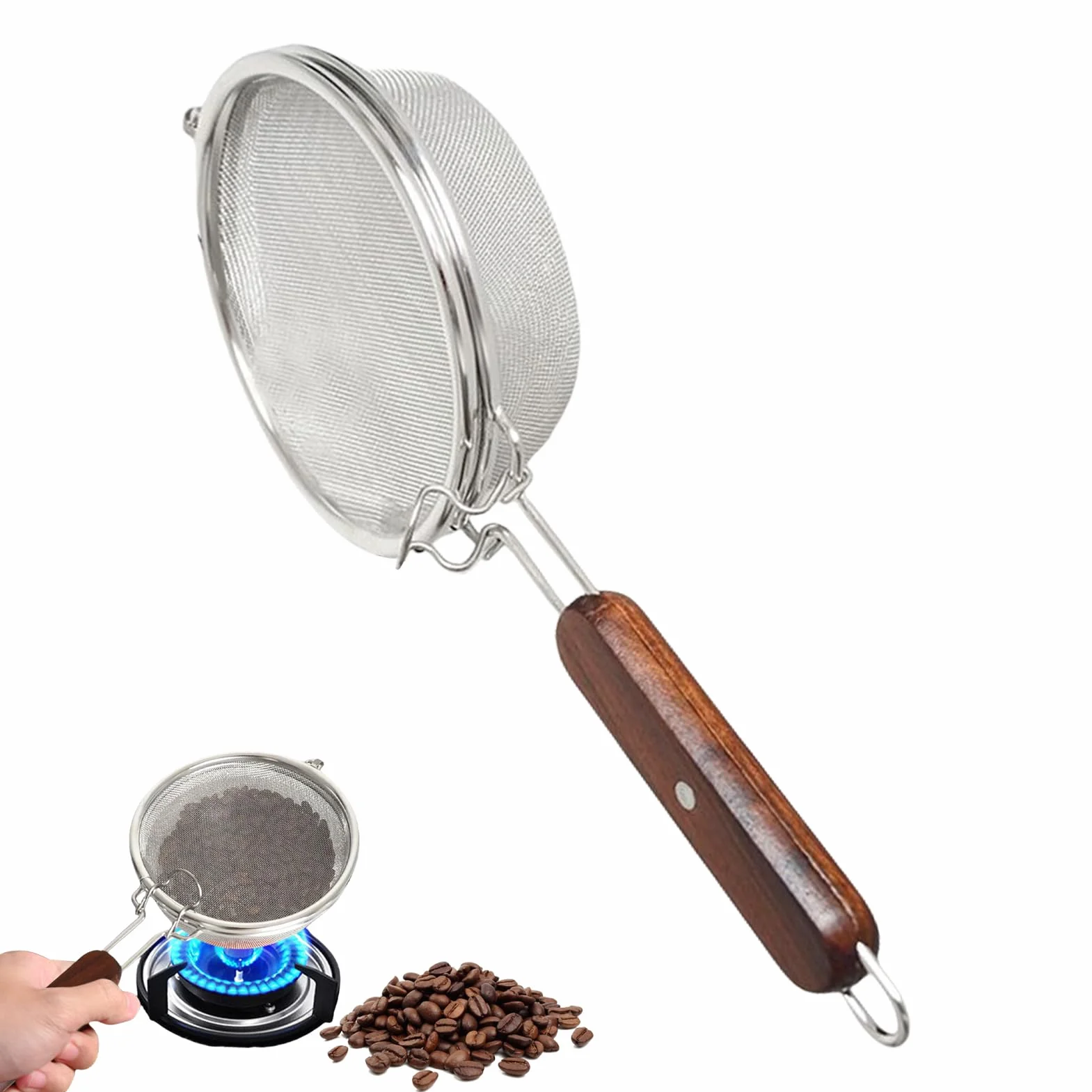 Stainless Steel Coffee Bean Roaster Pan 5,55 Pulgadas Lightweight 185 g Wooden Handle for Home Café