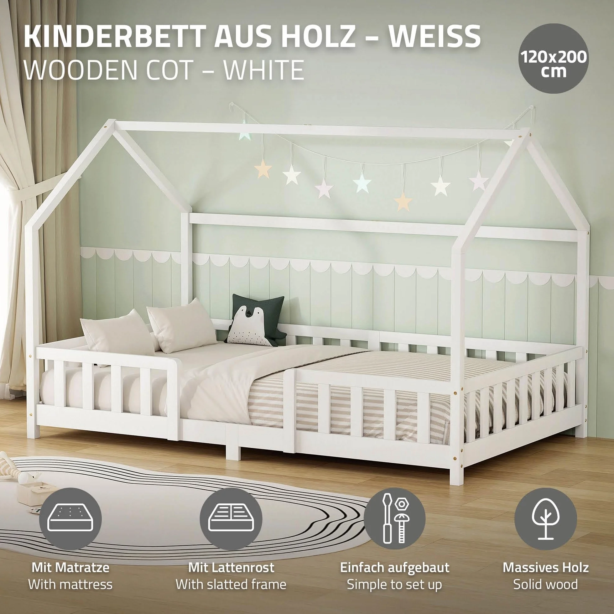 ML-Design Cama Infantil 120x200cm Blanco, con Colchón, Protección Anticaída, Techo y Somier, Listones de Madera de Maciza de Pino Lecho Doble Montessori Forma de Casa Mobiliario Juvenil, para Niños