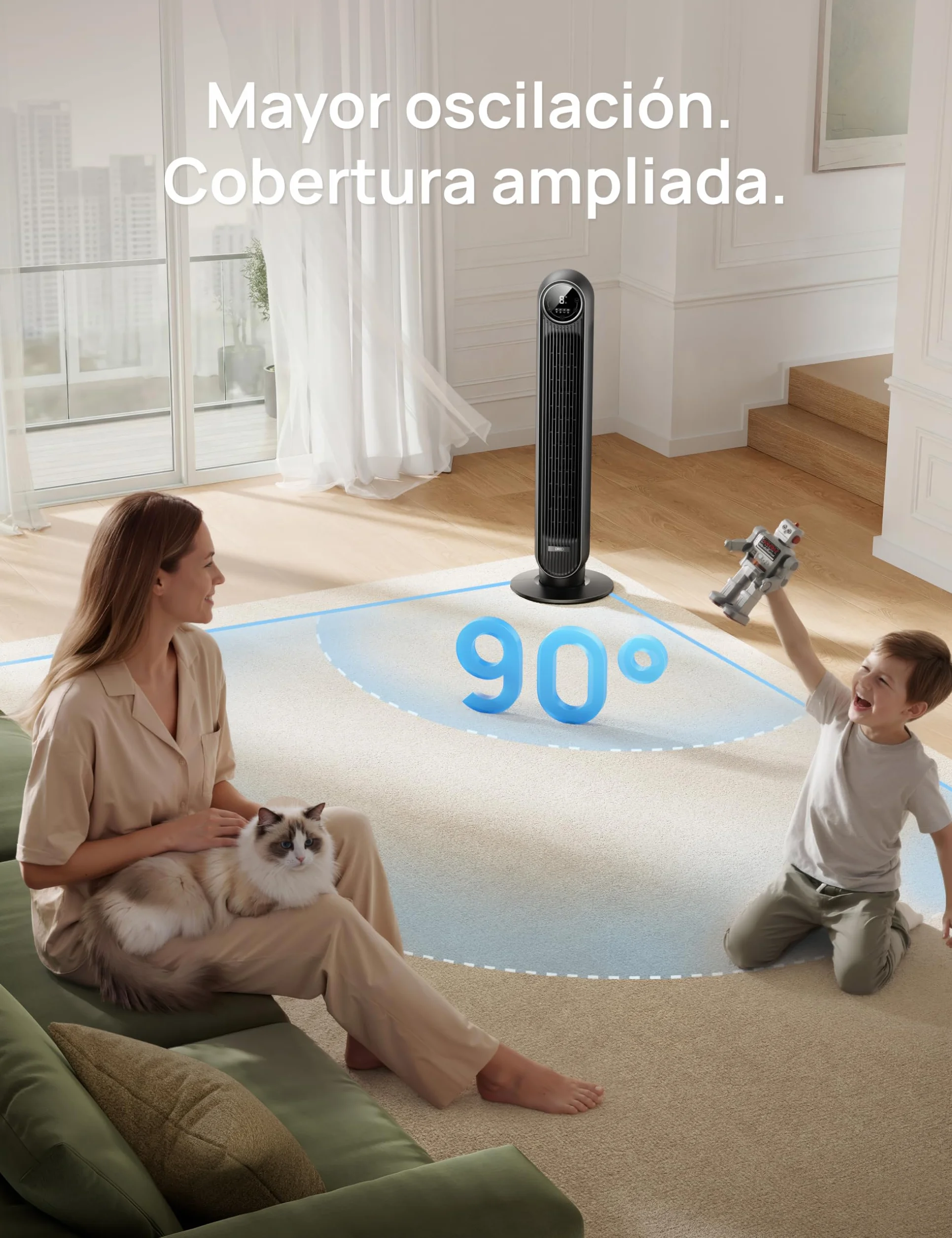 Dreo Ventilador de Torre Silencioso 20dB, 7,6 m/s, 4 Velocidades, Rotación 90°, Temporizador 8H, LED, Mando, Negro