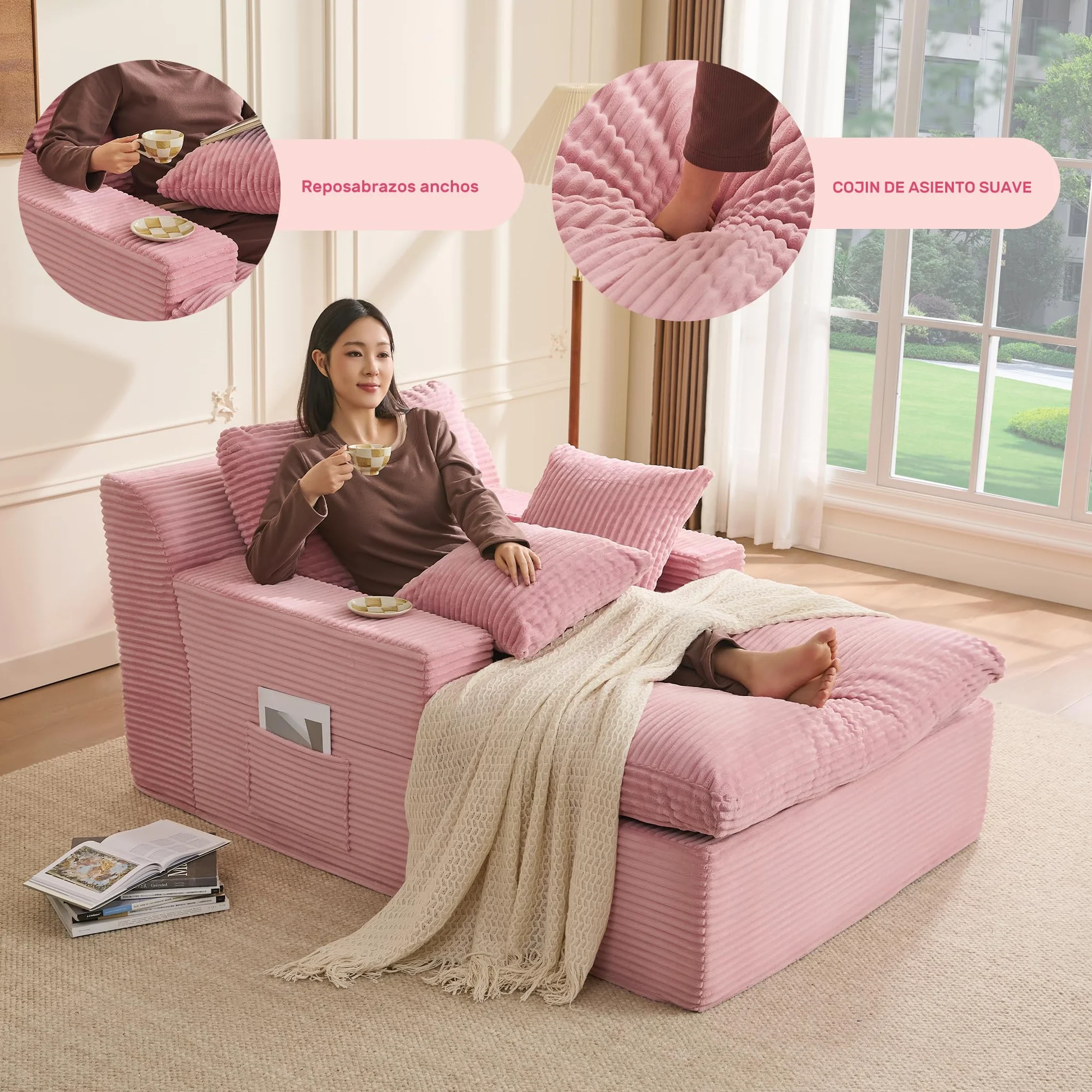 Sofá Chaise Longue 160 cm, Sofá de Suelo Modular sin Estructura con Función de Dormir, Sofá Tipo Nube Compacto para Salón o Apartamento, Sin Montaje (Rosa) | Diseño boneless, sin montaje, asiento lounge, comodidad envolvente, ahorra espacio, espuma de alt