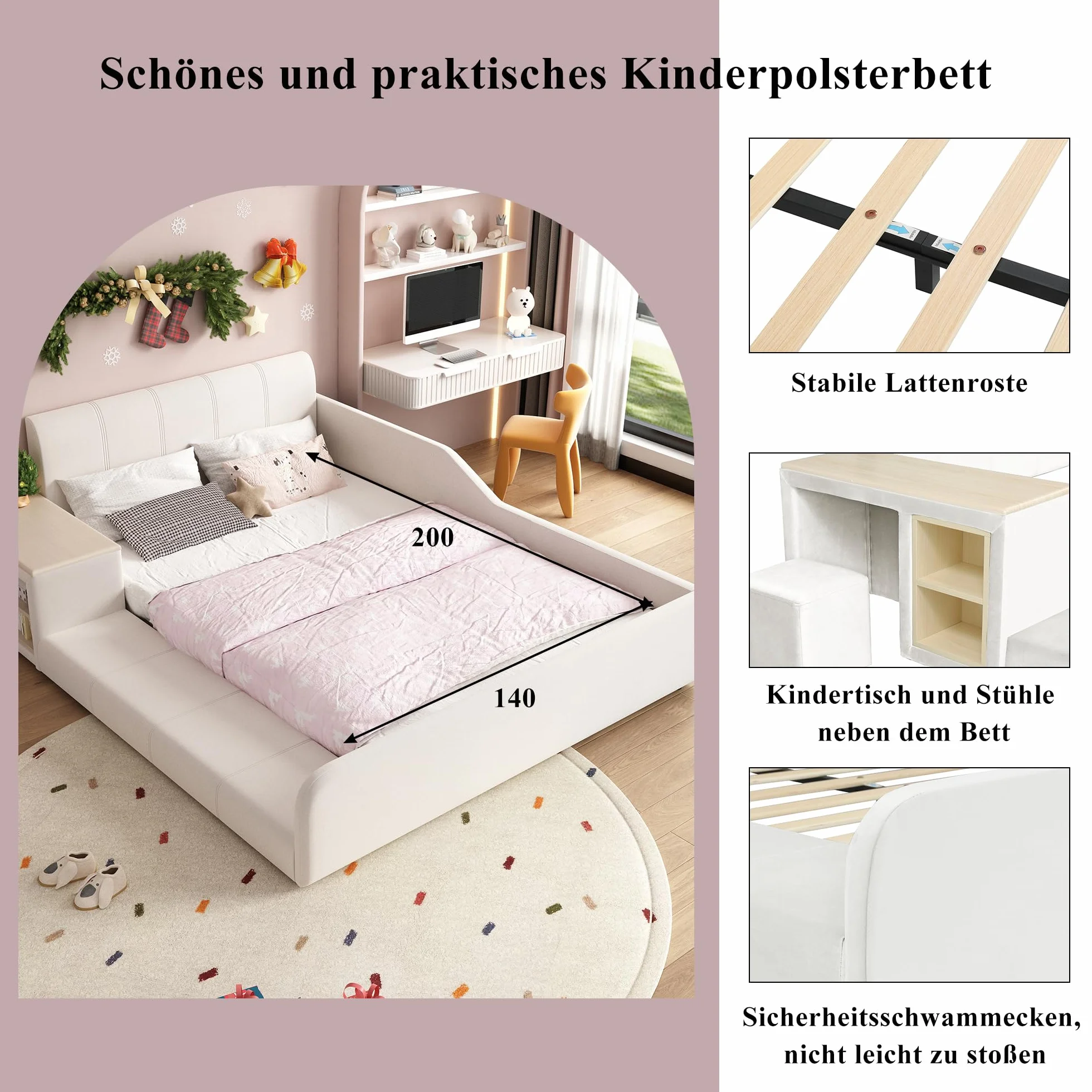Cama tapizada con escritorio infantil y taburete, con estante, cabecero suave, cama infantil con listones de madera, terciopelo, blanco, 140 x 200 cm