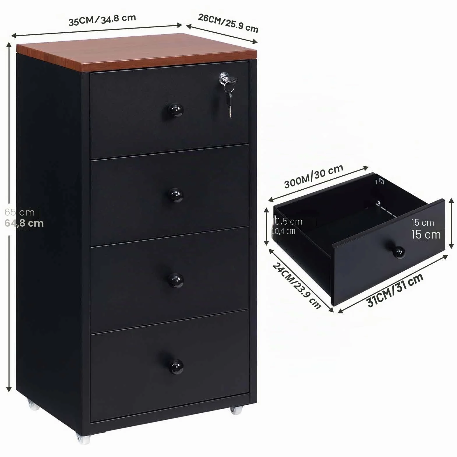HollyHOME Gabinetes móviles, gabinete con cerradura de 4 cajones, gabinete de almacenamiento de metal con ruedas para oficina en casa en formato carta A4, negro