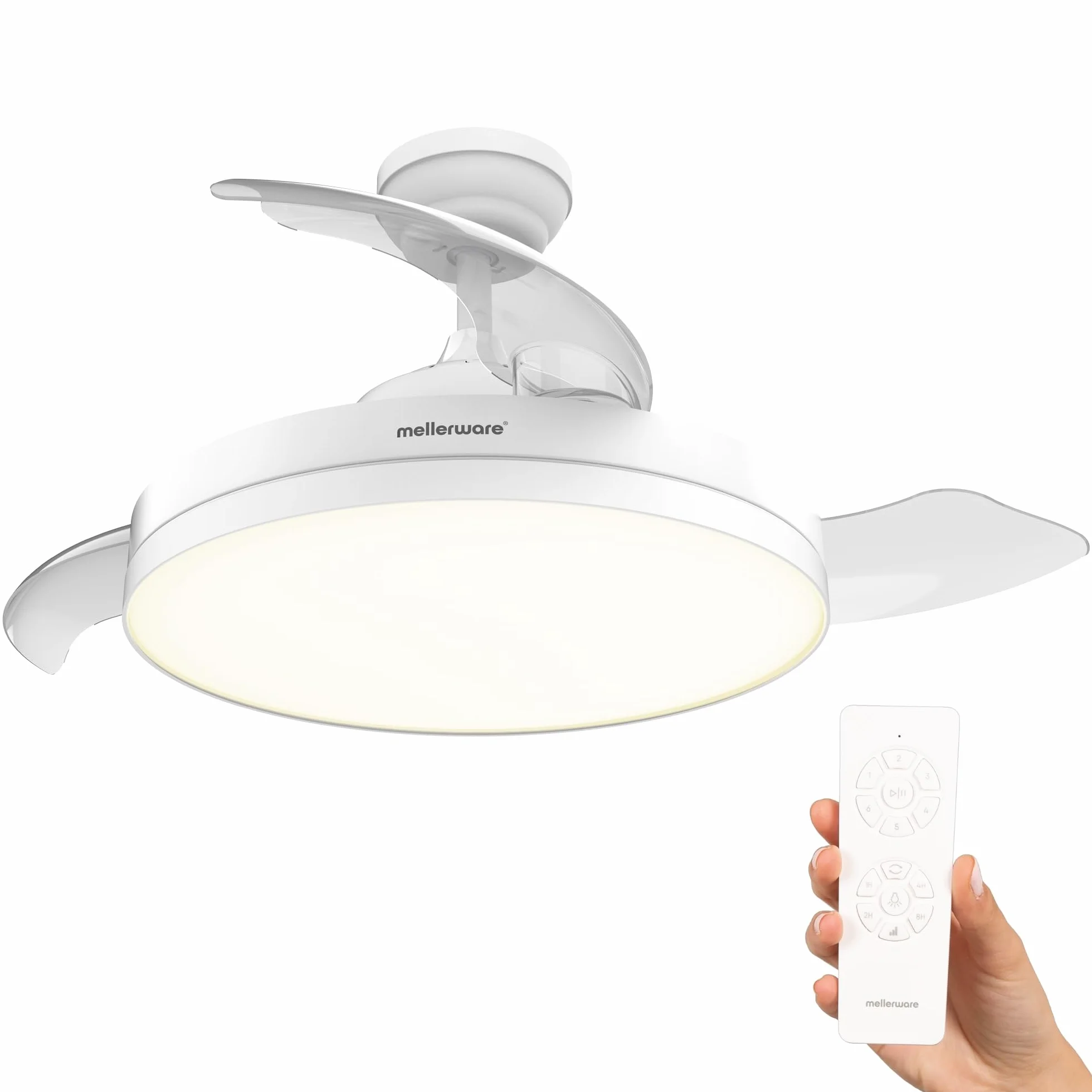 Mellerware - Ventilador de techo retráctil Brizy plegable de 40 W | 6 velocidades | 3 aspas | Ø 106 cm | Motor DC ultra silencioso | Temporizador | Función verano invierno | Luz LED