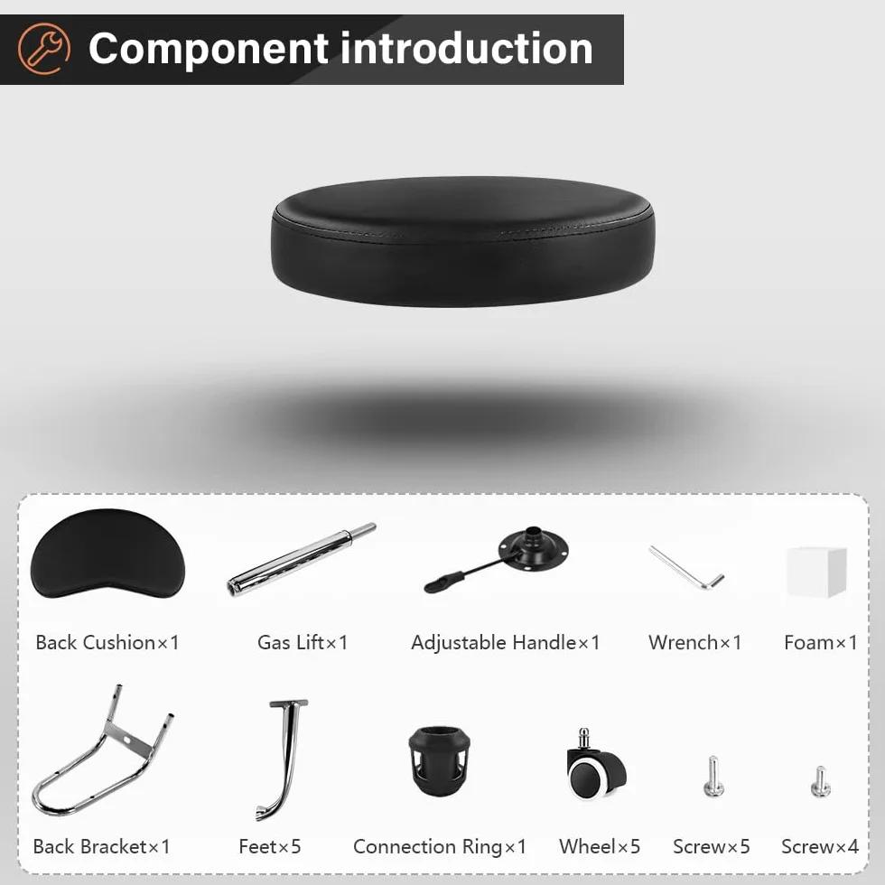 KKTONER Taburete Giratorio con Ruedas Respaldo Regulable Altura 48-64cm Asiento Cuero Sintético Negro