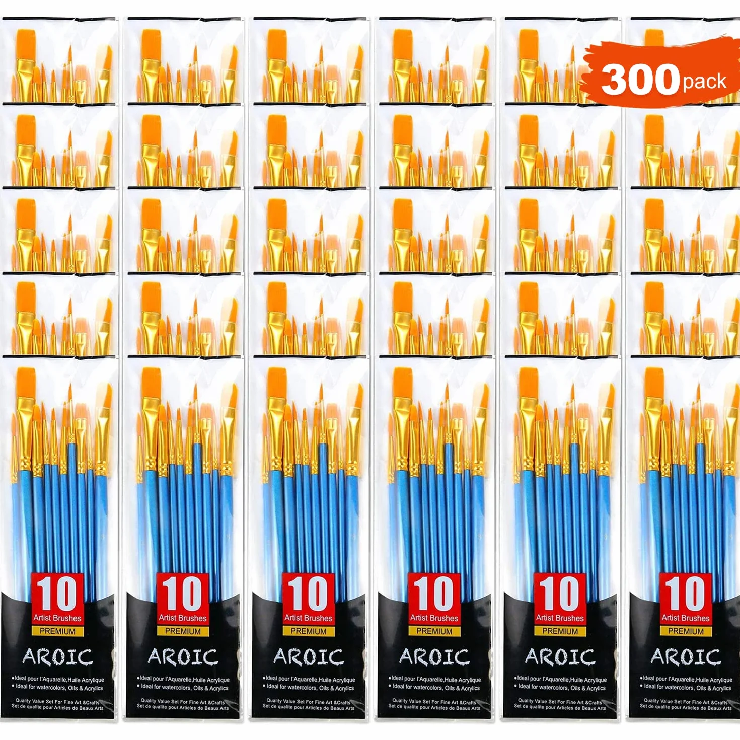 AROIC Painting Brush Set, 30 Packs/300 Pieces, Nylon Brush Head, Suitable for Oil and Watercolor, Suit of Art Painting, Best Present for Painting Enthusiasts
