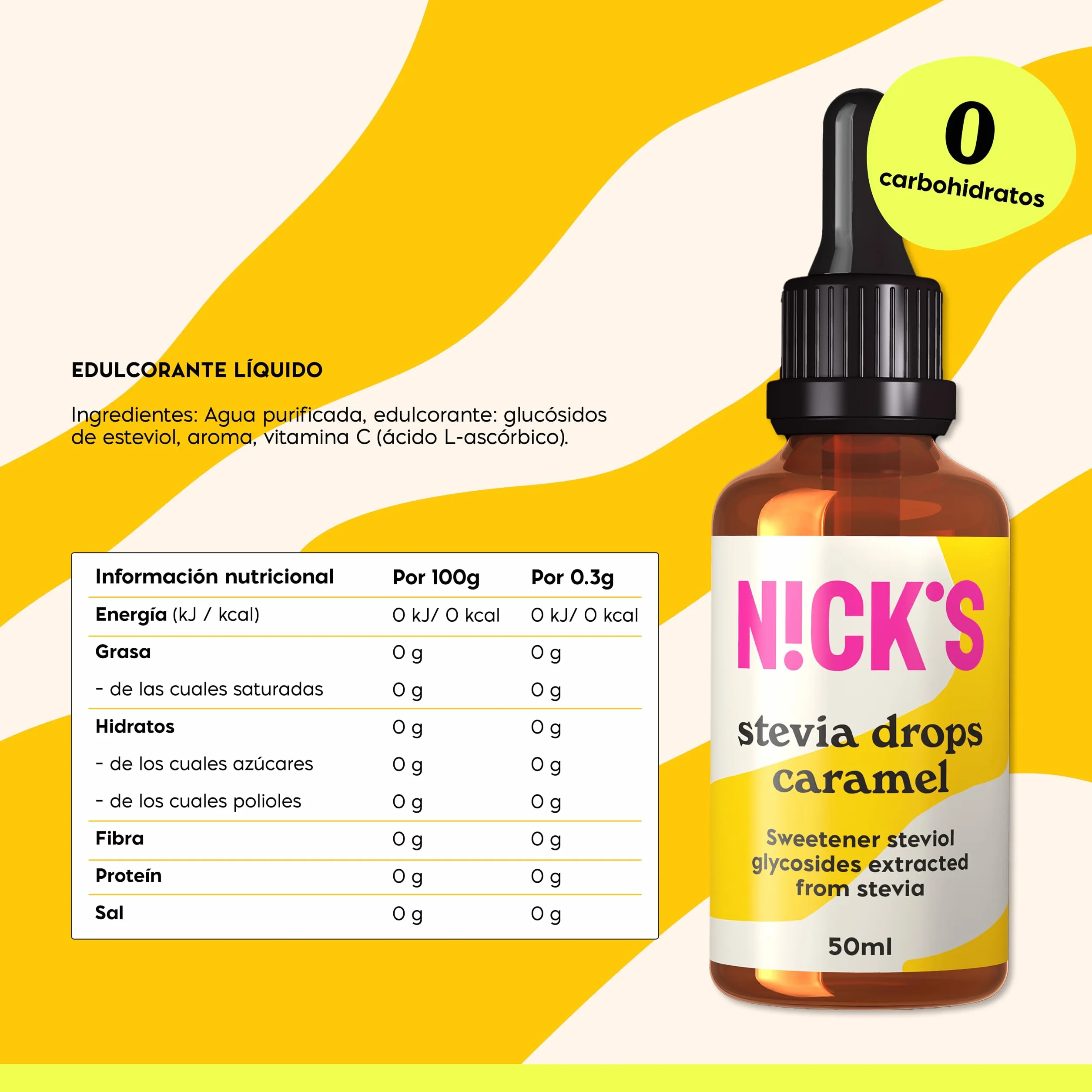 NICKS Stevia Líquida Gotas Caramelo 50ml Edulcorante Cero Calorías Dieta Keto Sin Azúcar Sin Gluten Low Carb