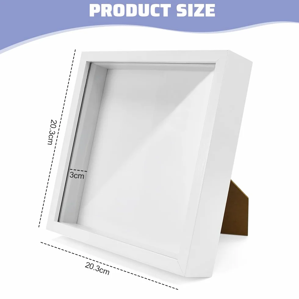 HEKOBAG Marco de Fotos 3D con Profundidad, 20,3 * 20,3cm Marcos con Profundidad 3cm, Marco de Fotos para Rellenar, Marco de Objeto Rellenable Forma Cuadrada, Marco Profundo Caja de Exhibición Blanco